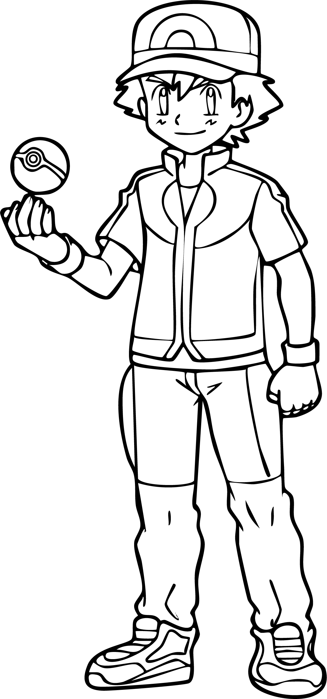 Ash Ketchum from Pokémon coloring page. He is standing in his classic attire, smiling, and holding out a Pokeball for battle.