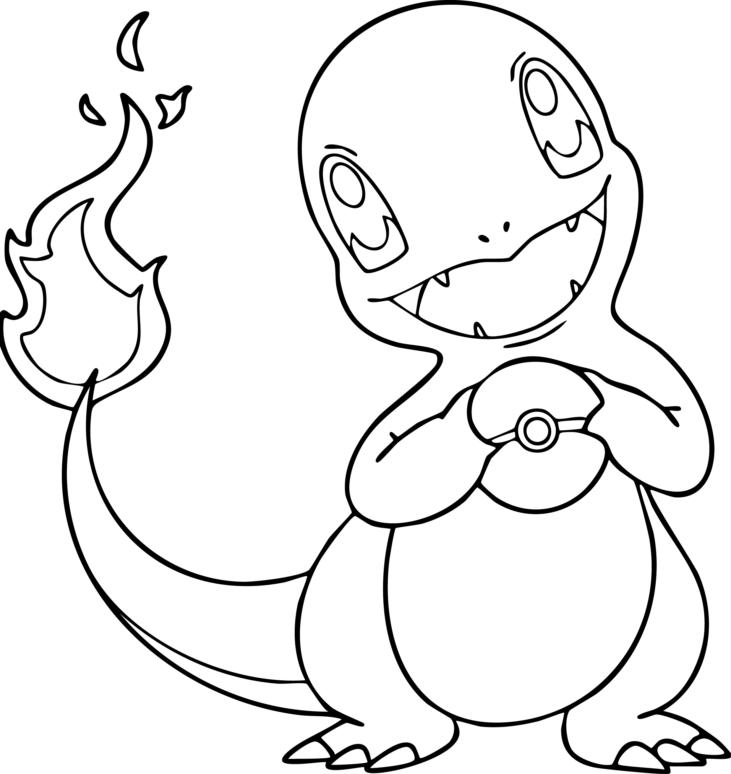 Charmander from Pokémon coloring page. Charmander is happily smiling and holding a single Pokeball.
