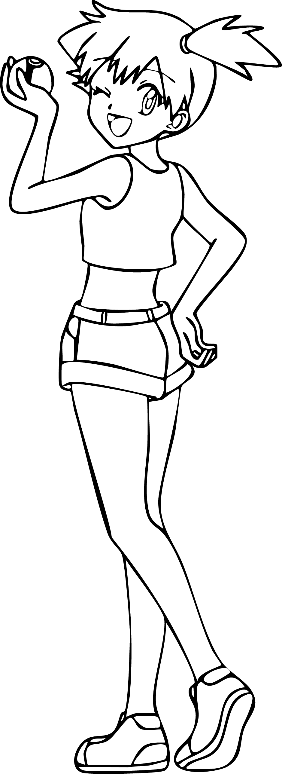 Misty from Pokémon coloring page. She is standing, smiling, and winking while holding a Pokeball.