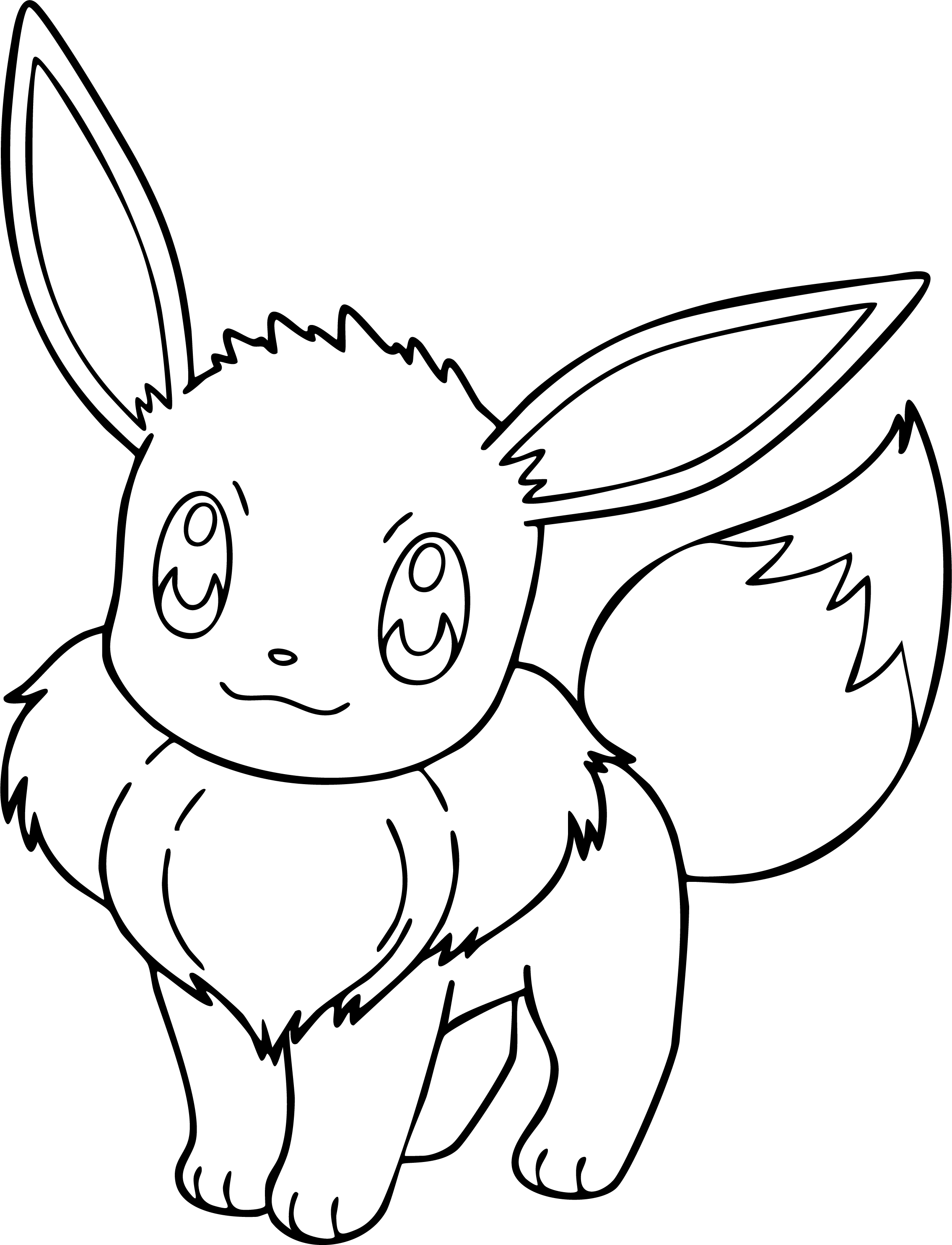 Eevee from Pokémon coloring page. A detailed line art portrait of Eevee standing and looking forward.