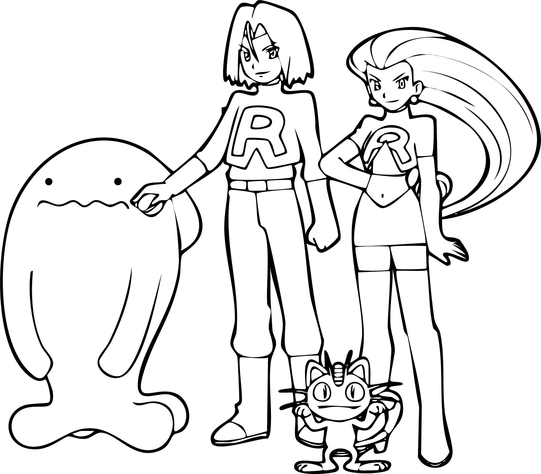 Team Rocket from Pokémon coloring page. Jessie, James, Meowth, and Wobbuffet standing together posing.