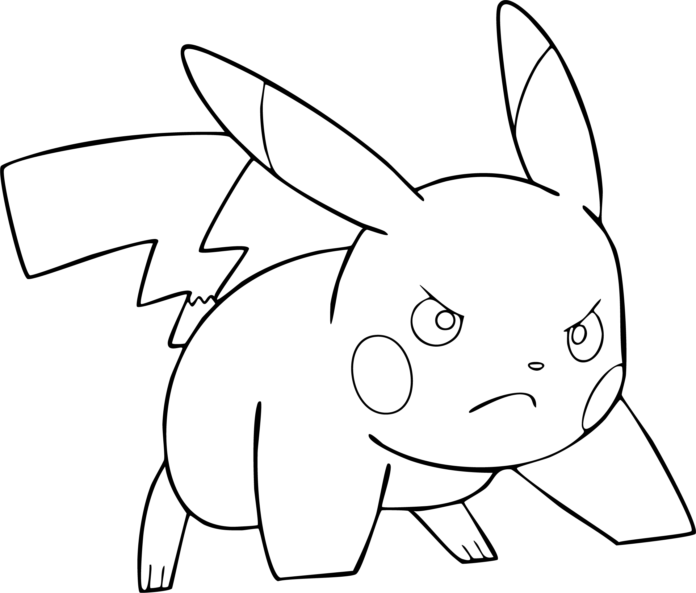 Pikachu from Pokémon coloring page. Serious expression while pouncing forward with determination.