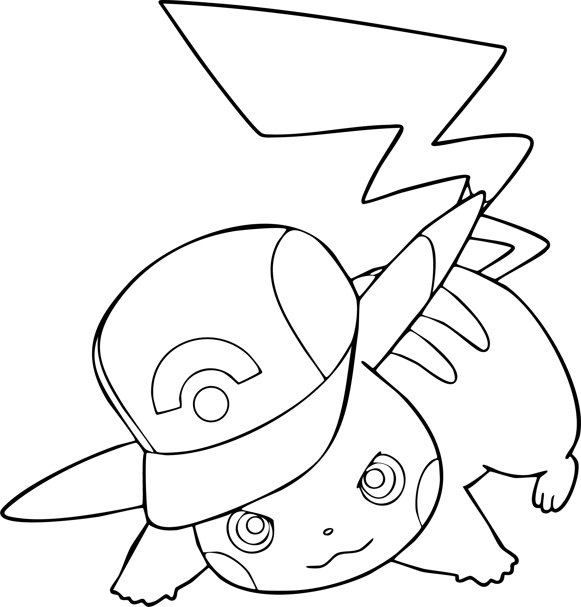 Pikachu from Pokémon coloring page. Pikachu lying down while wearing Ash's iconic baseball cap.