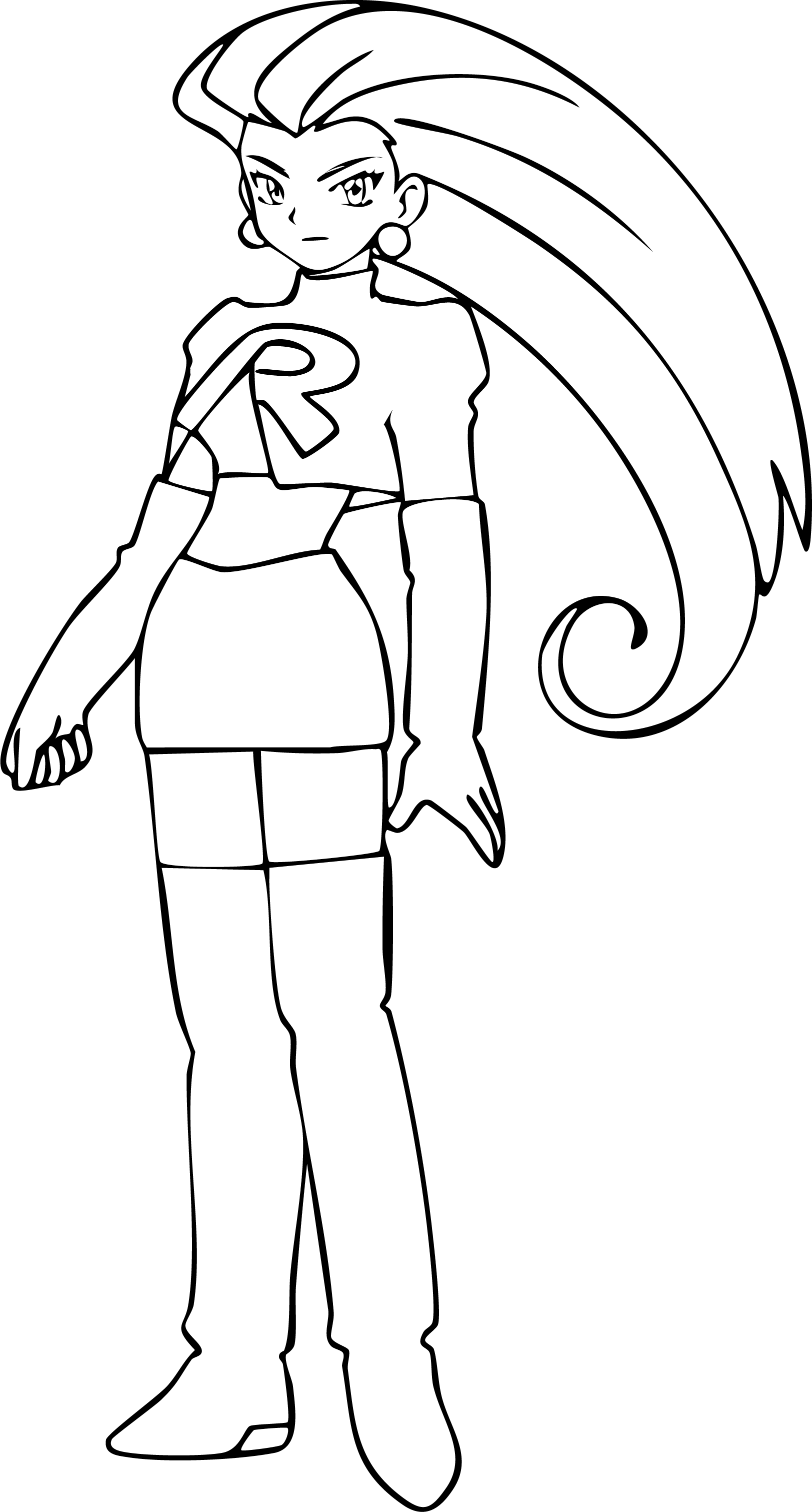 Jessie from Pokémon coloring page. Jessie from Team Rocket standing in her signature pose, wearing an R outfit, with her long hair flowing.