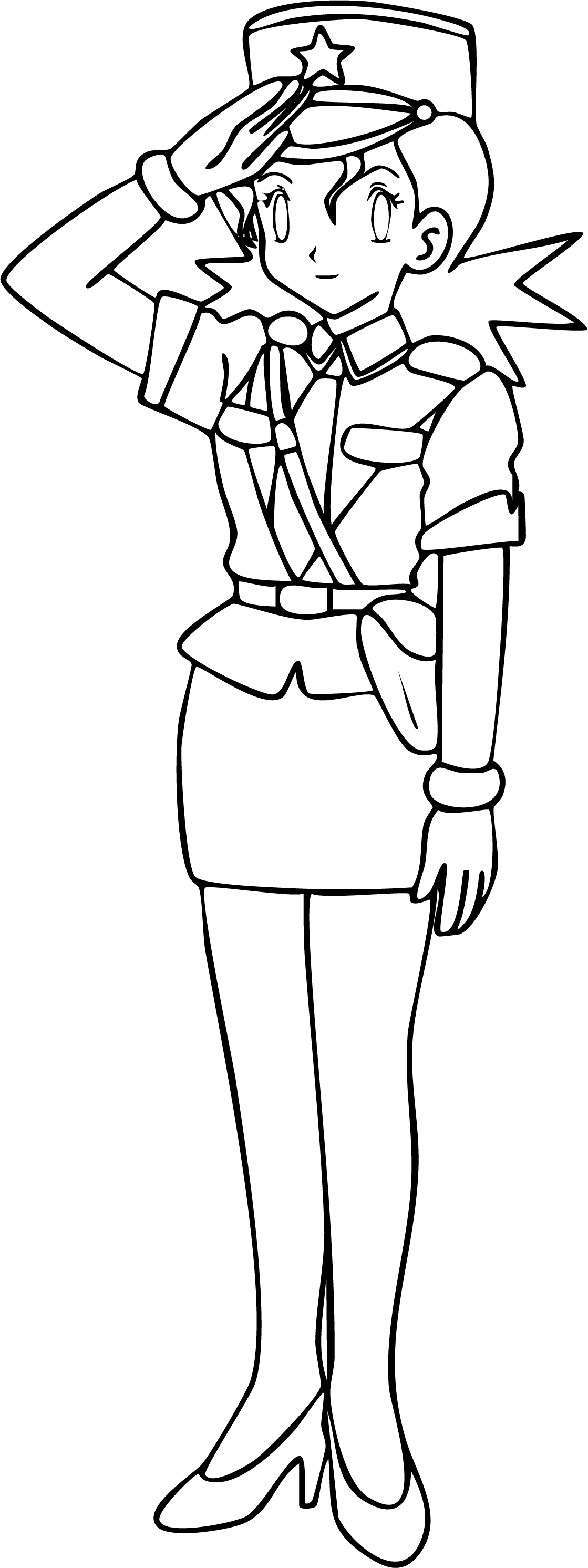 Officer Jenny from Pokémon coloring page. Full-body line art of Officer Jenny in uniform saluting.