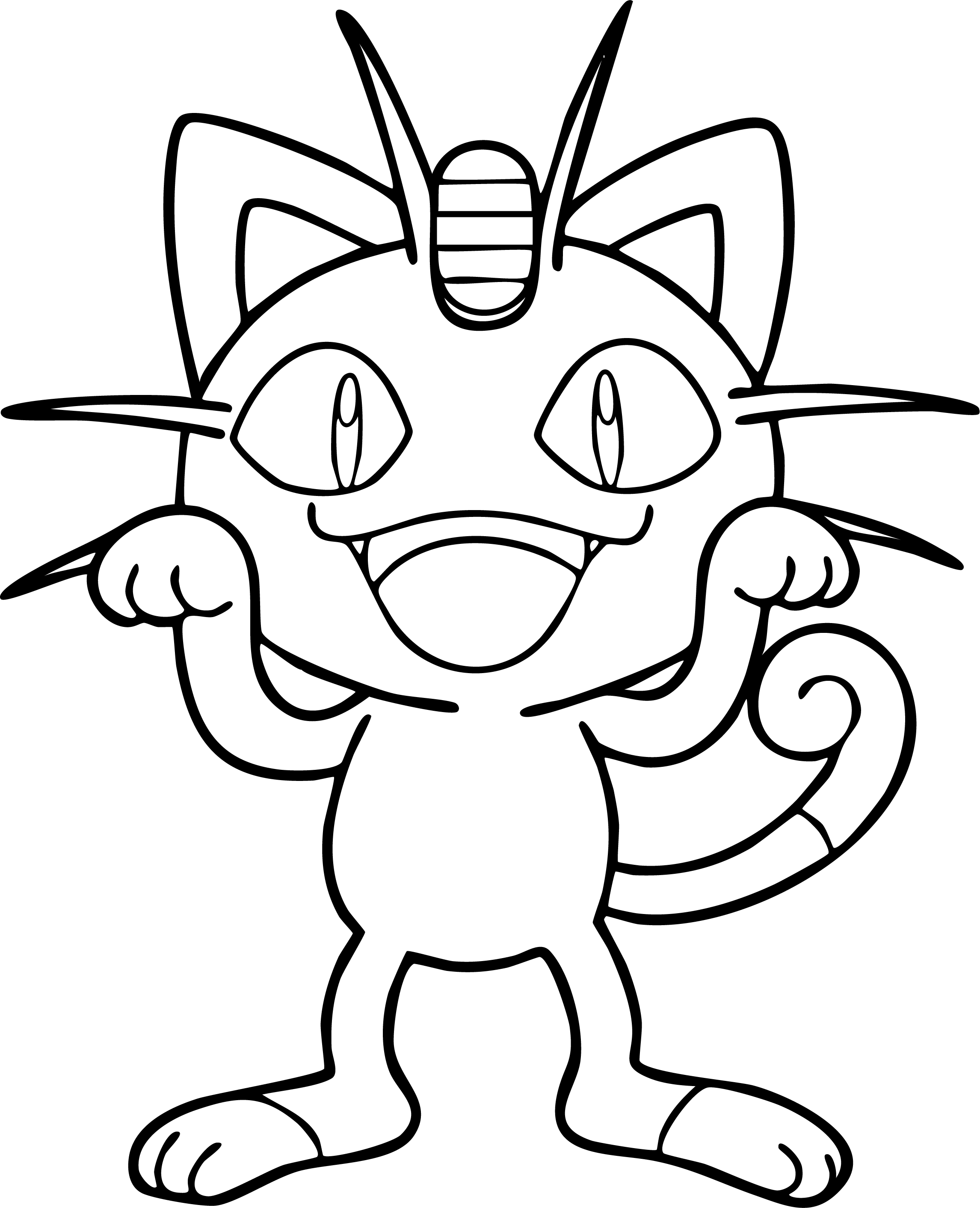 Meowth from Pokémon coloring page. Meowth stands with mouth open wide screaming and paws in the air.