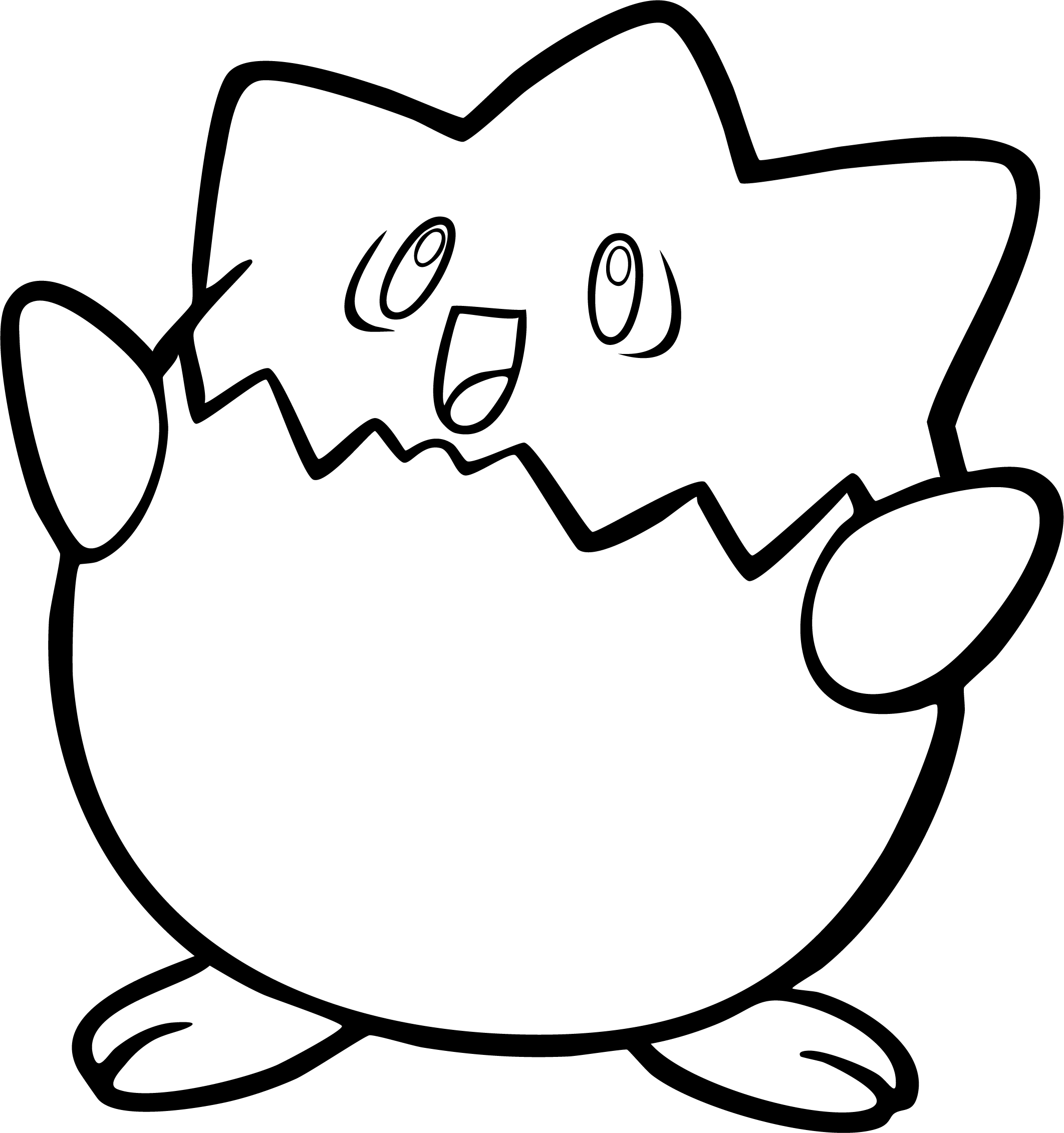 Togepi from Pokémon coloring page. Smiling happily while standing inside its cracked eggshell pattern.
