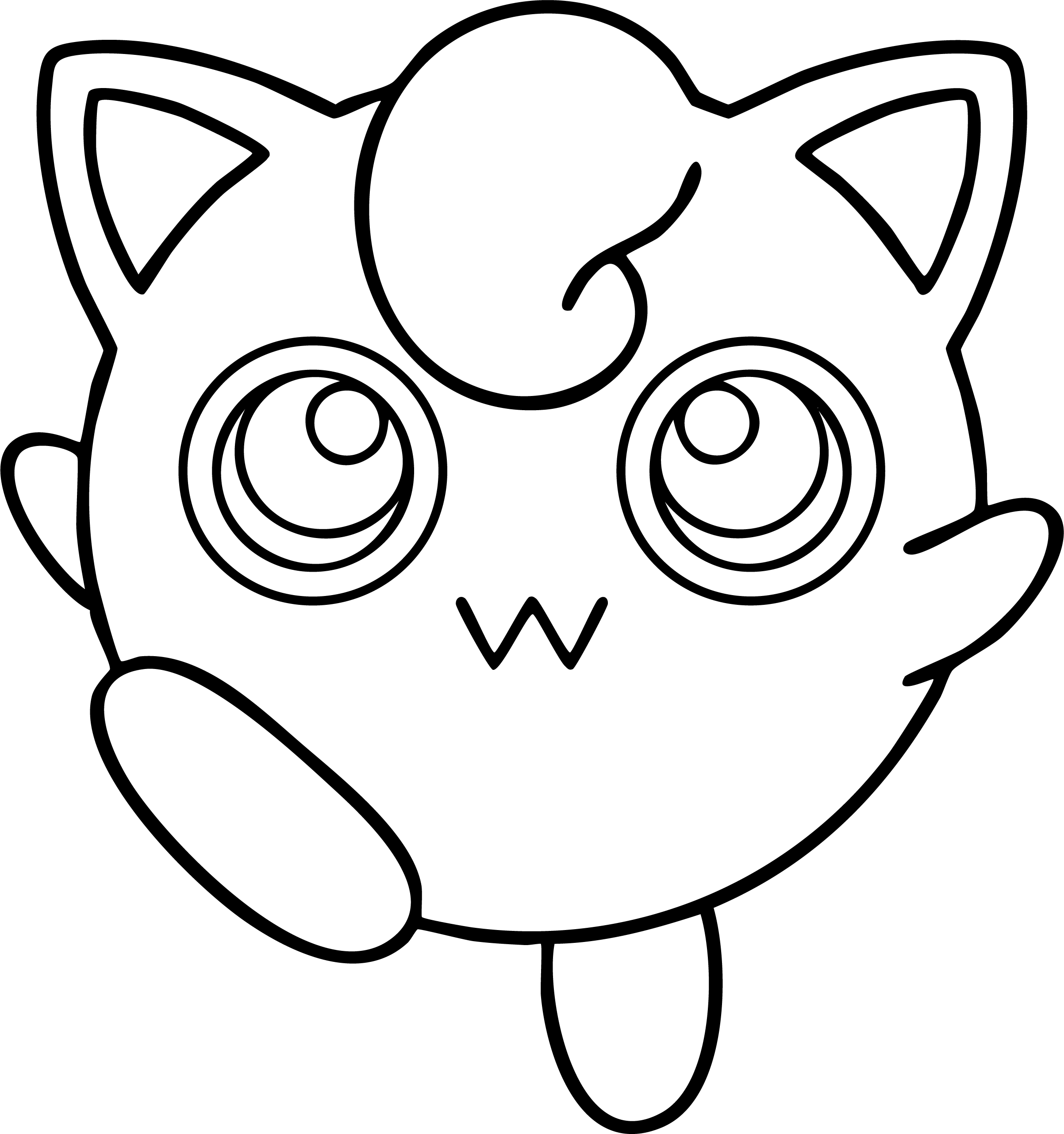 Jigglypuff from Pokémon coloring page. Jigglypuff is singing with one hand raised to its mouth.
