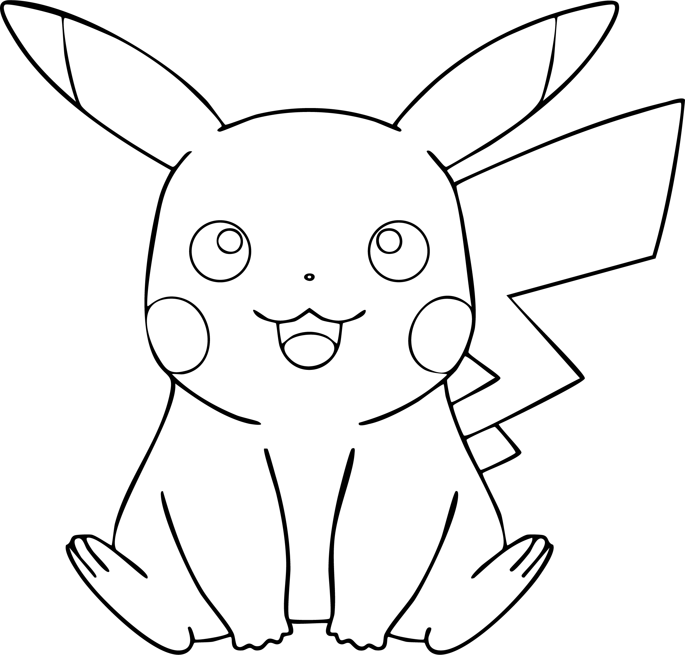 Pikachu from Pokémon coloring page. Happy sitting pose facing forward, complete with cheek pouches.