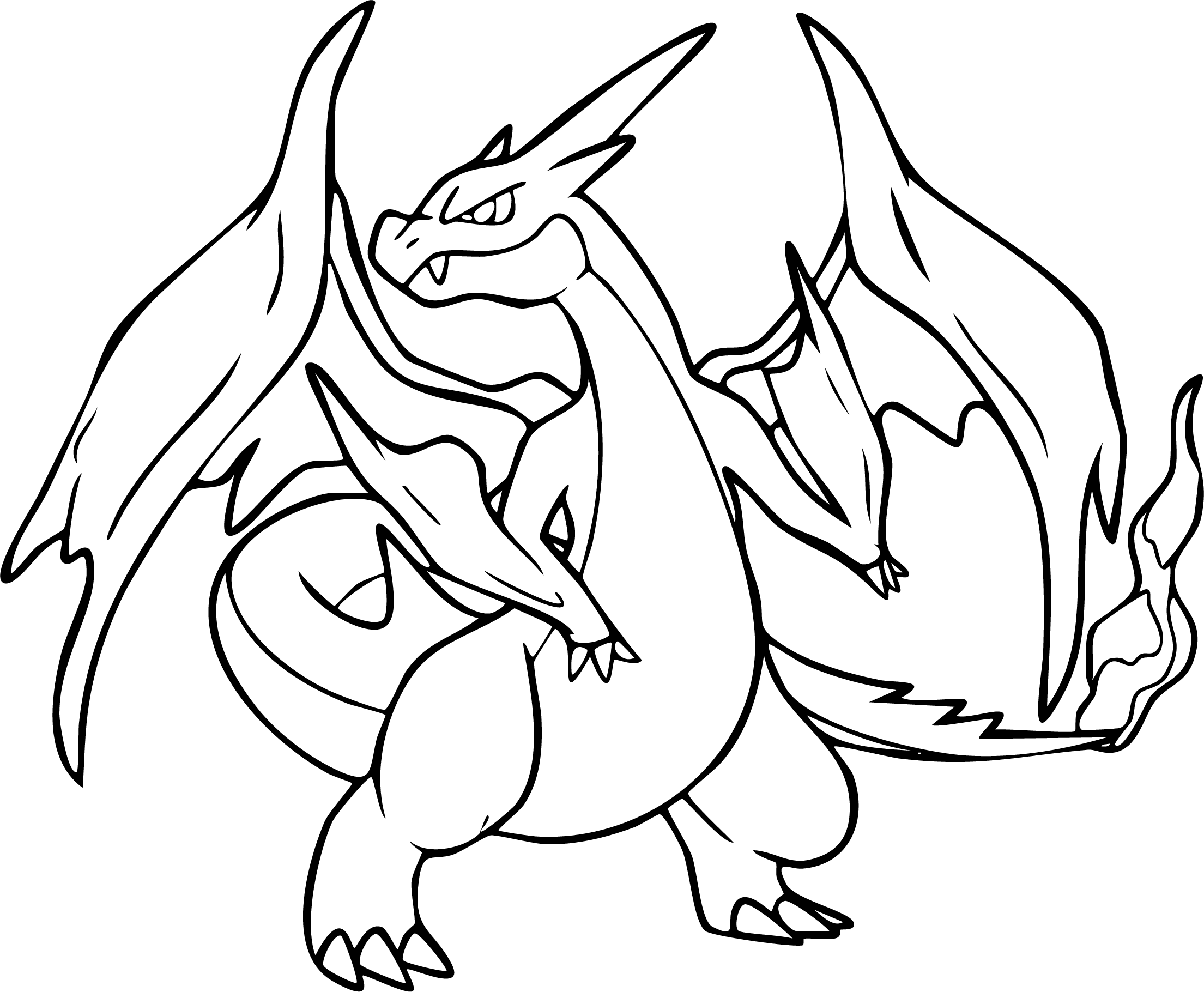 Charizard from Pokémon coloring page. Standing with wings fully spread and a flame on its tail.