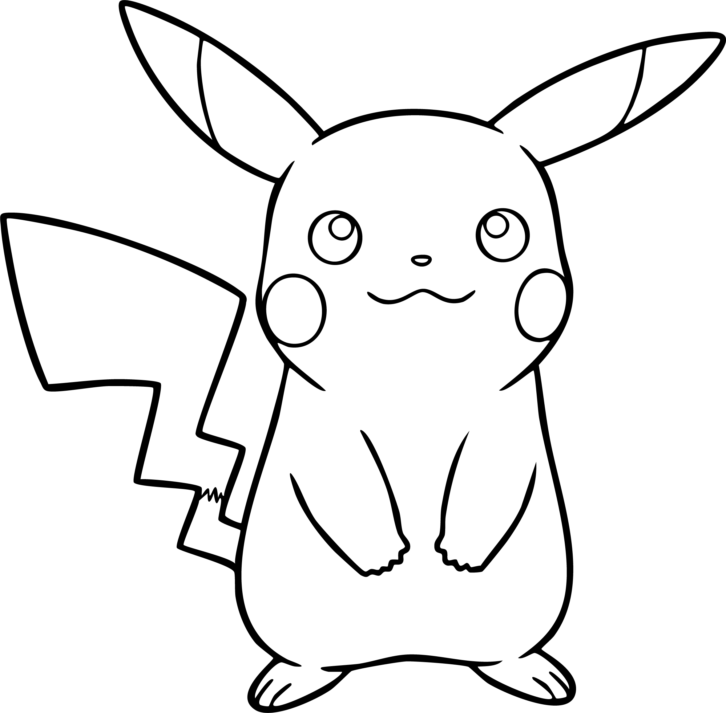 Pikachu from Pokémon coloring page. A simple line-art depiction of Pikachu standing and looking up with large eyes.