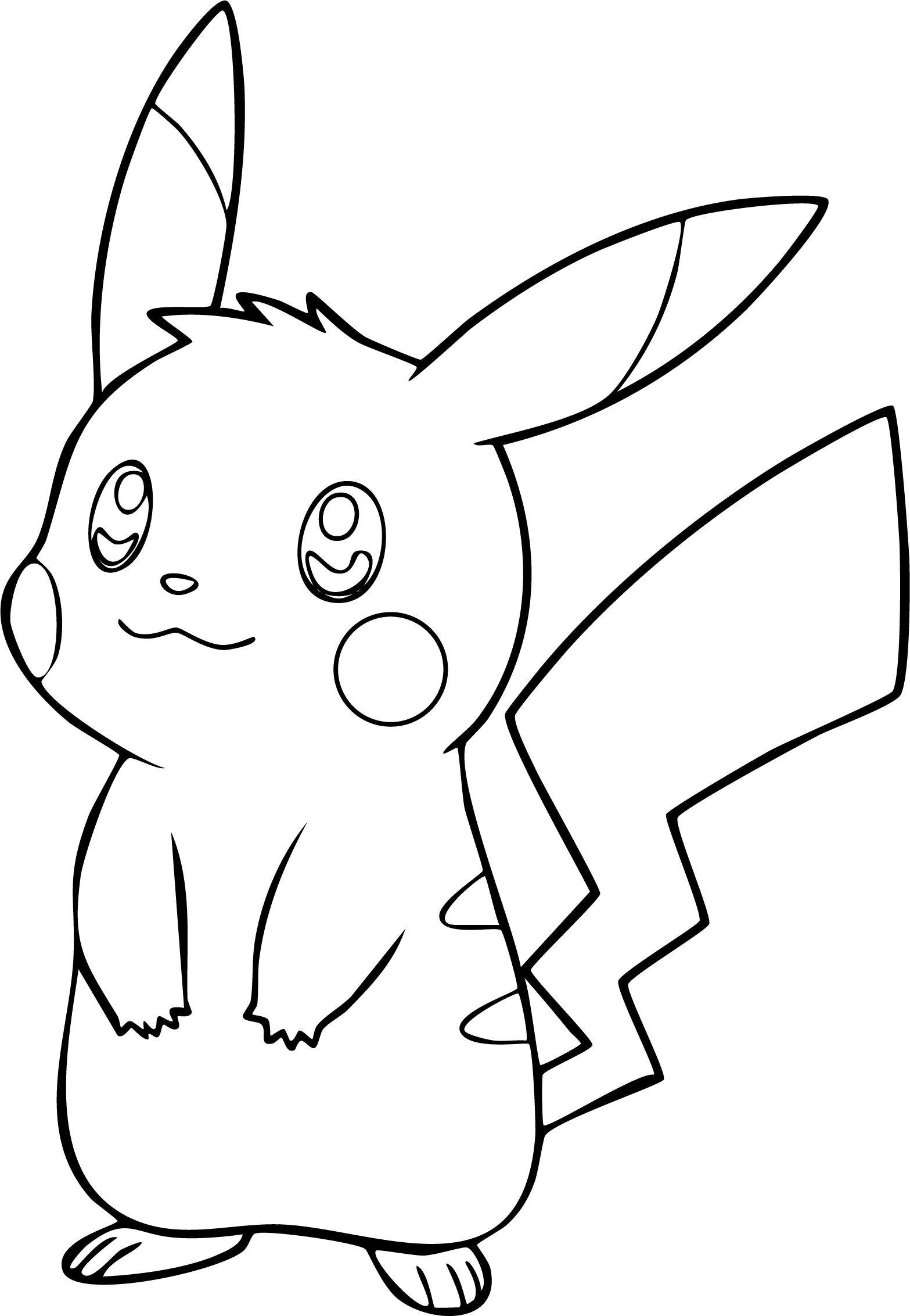 Pikachu from Pokémon coloring page. Gentle Standing with sweet expression and paws near chest.