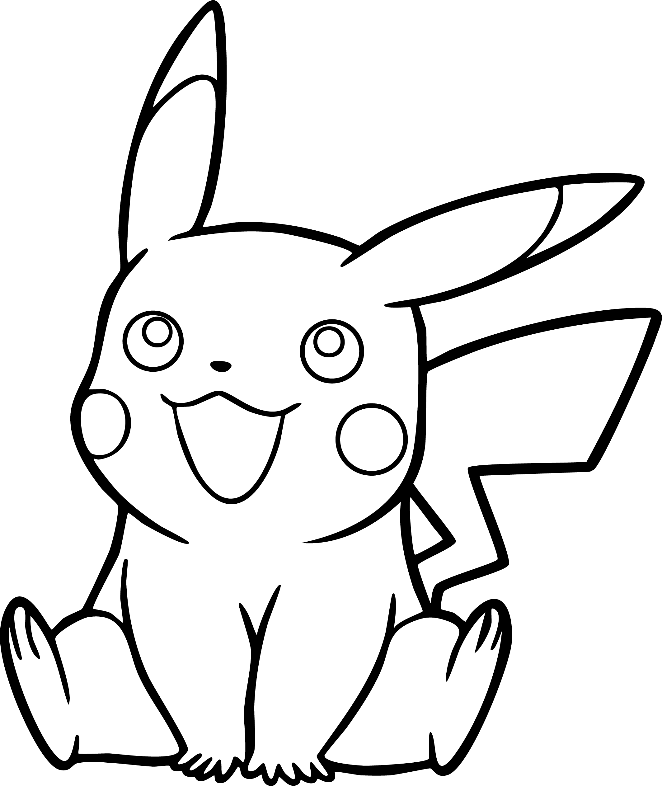 Pikachu from Pokémon coloring page. Sitting down politely with a gentle happy smile.