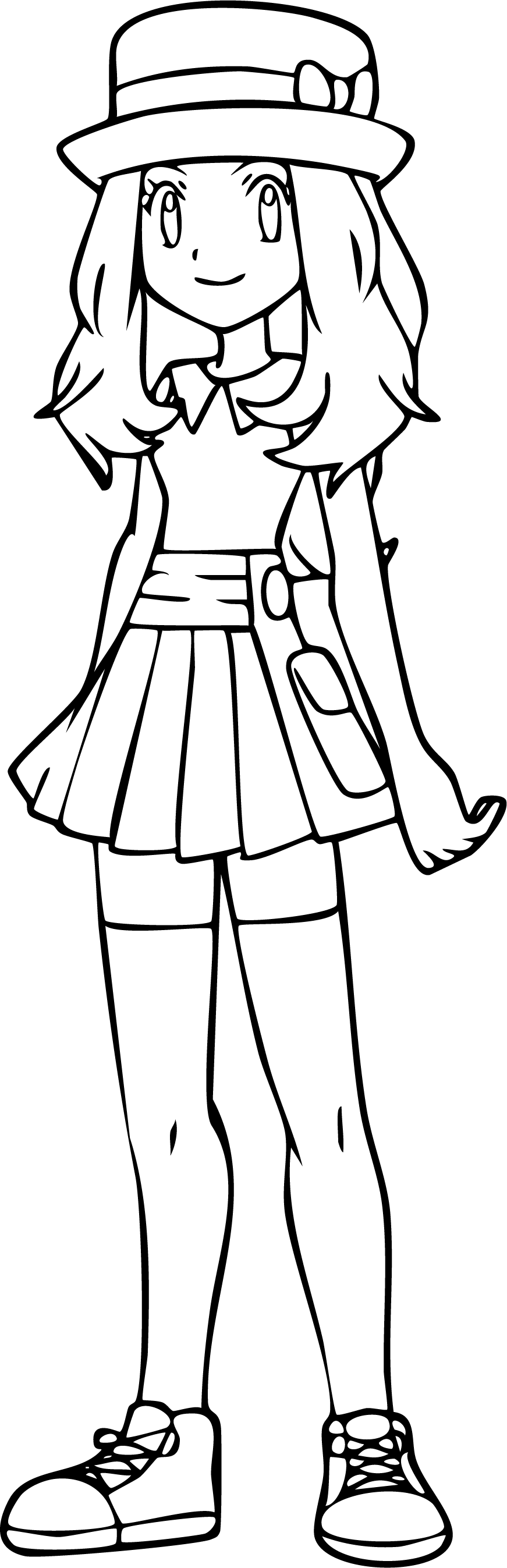 Serena from Pokémon coloring page. Standing confidently wearing her signature hat and pleated skirt.