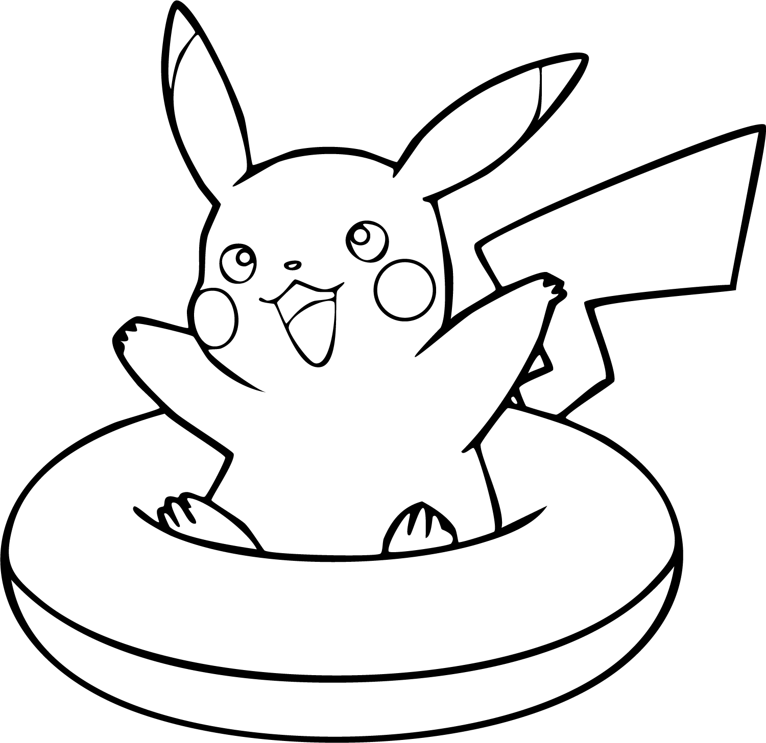 Pikachu from Pokémon coloring page. Pikachu sits inside an inner tube float with a wide happy expression.