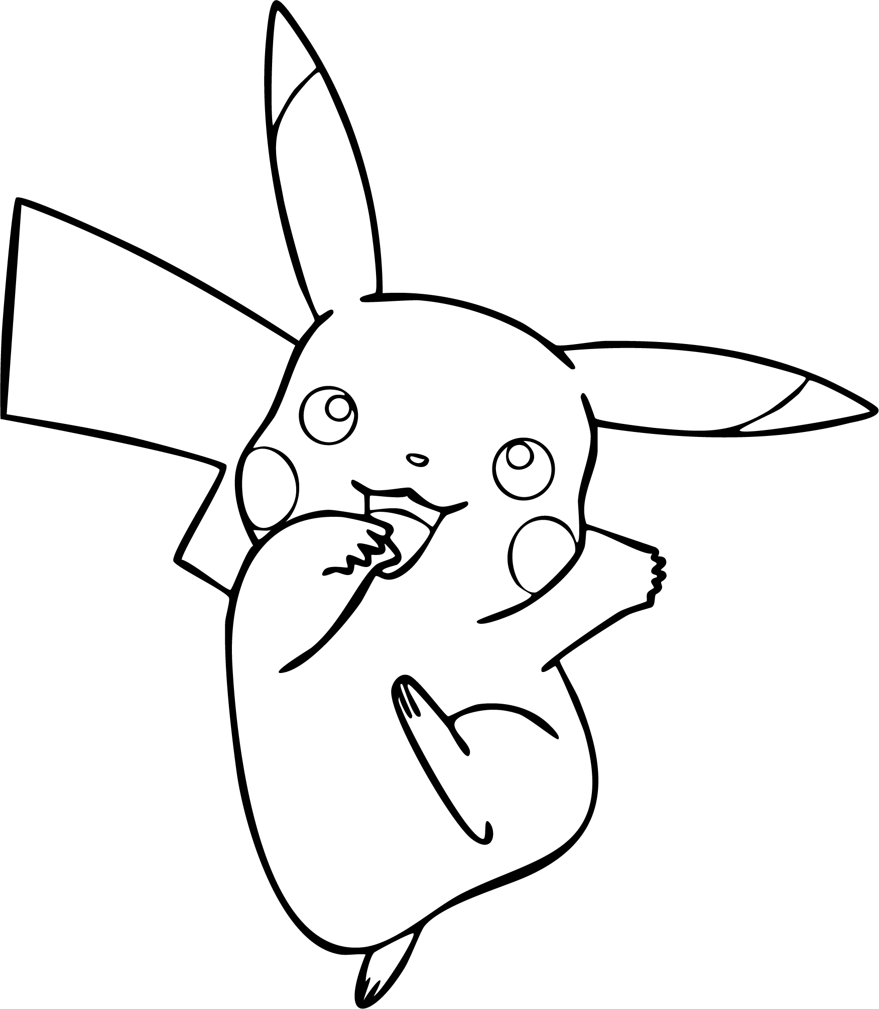 Pikachu from Pokémon coloring page. Falling backwards playfully with its paws near its smiling mouth.