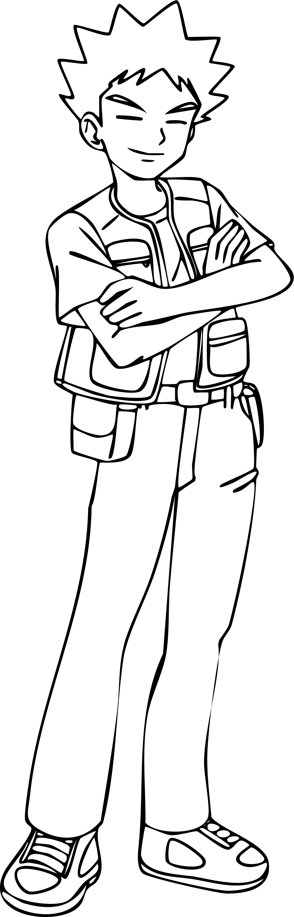 Brock from Pokémon coloring page. Brock stands with arms crossed wearing his signature vest and pants.