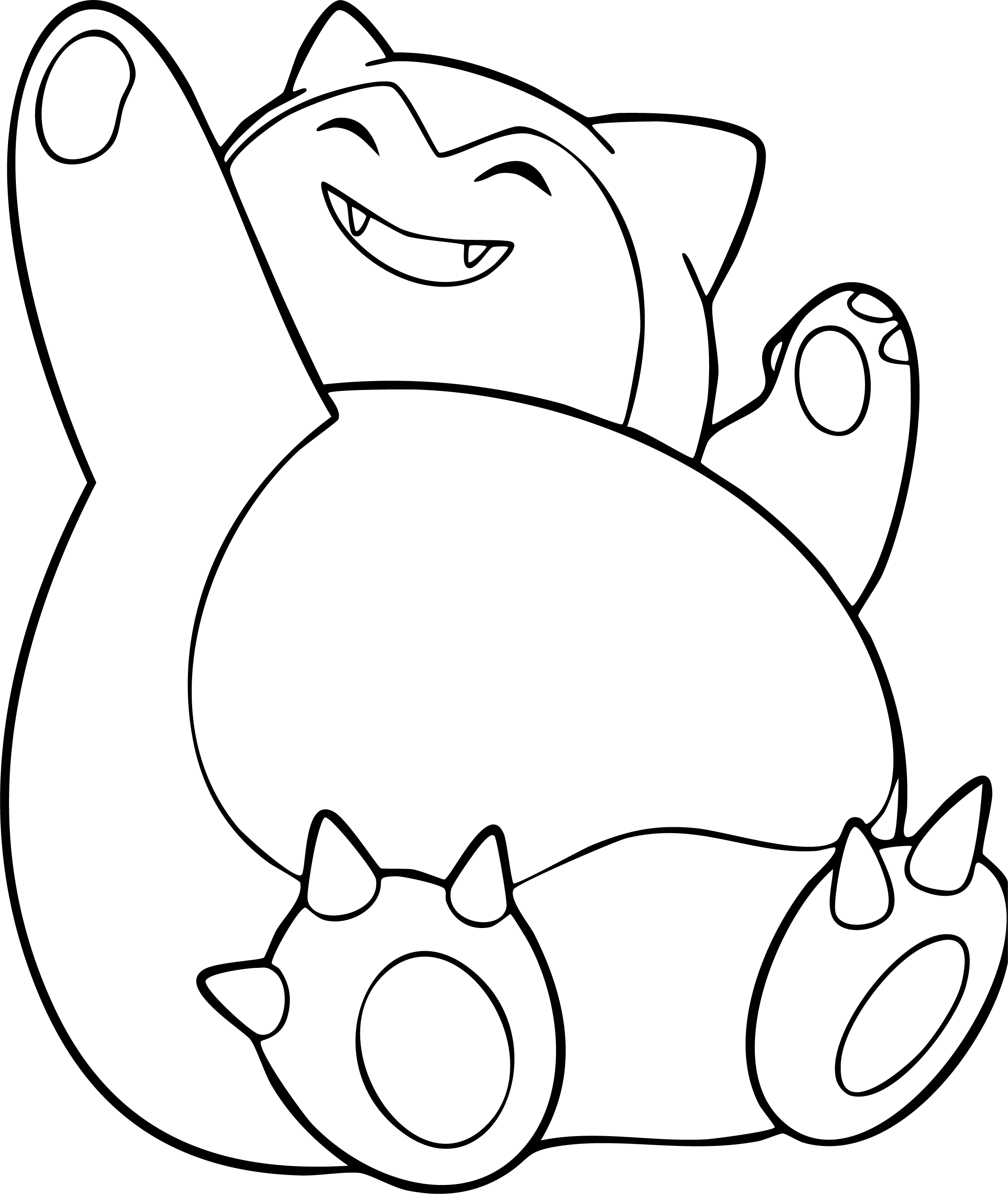 Snorlax from Pokémon coloring page. A wide, happy Snorlax sitting and waving one paw with a big grin.