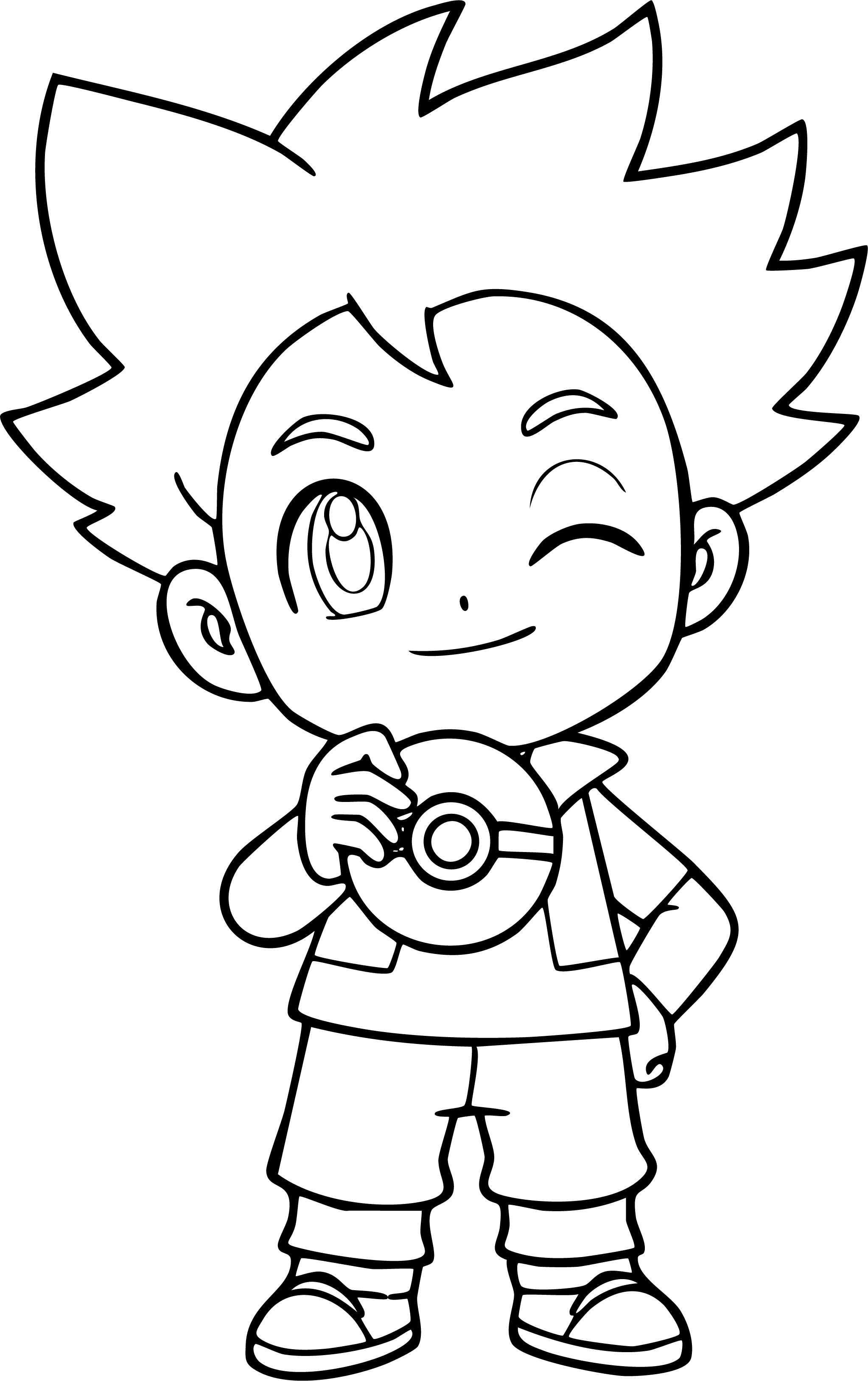 Gary from Pokémon coloring page. Gary Oak winking and confidently holding a Pokeball. A chibi style line art for kids.