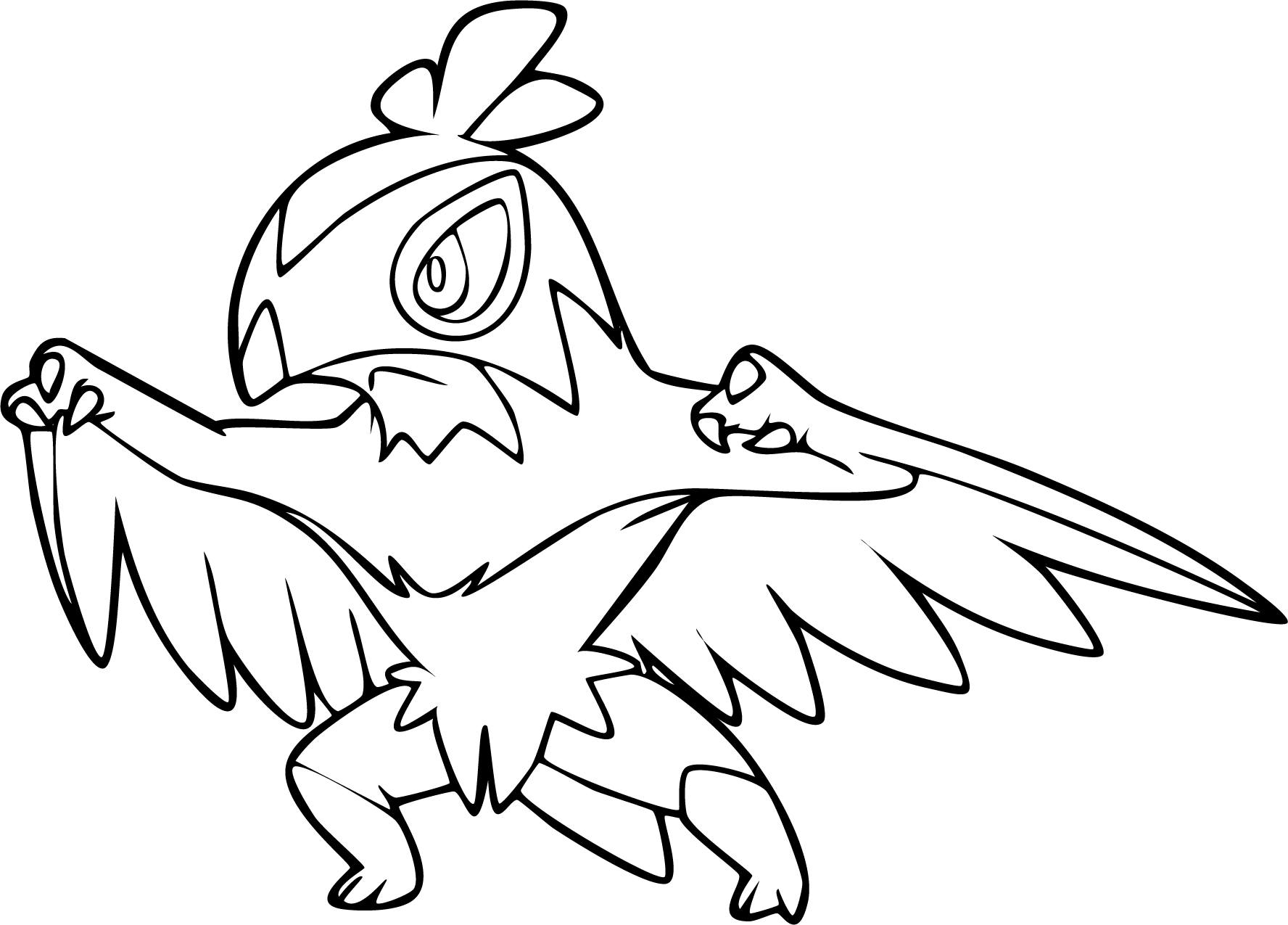 Hawlucha from Pokémon coloring page. Dynamic line art of Hawlucha in a dramatic wrestling pose, spreading its wings.