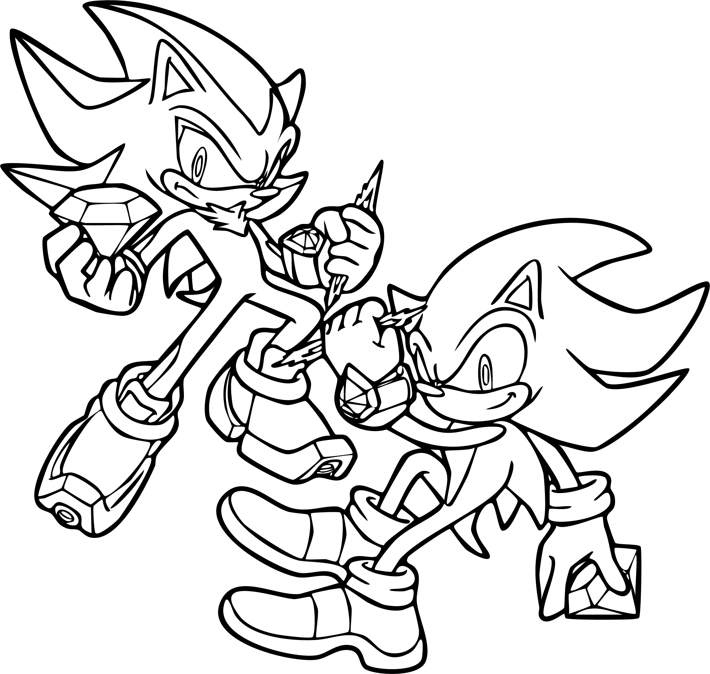 Sonic from Sonic coloring page. Super Sonic and Super Shadow mid-air battle, holding glowing Chaos Emeralds, sharp details, line art.