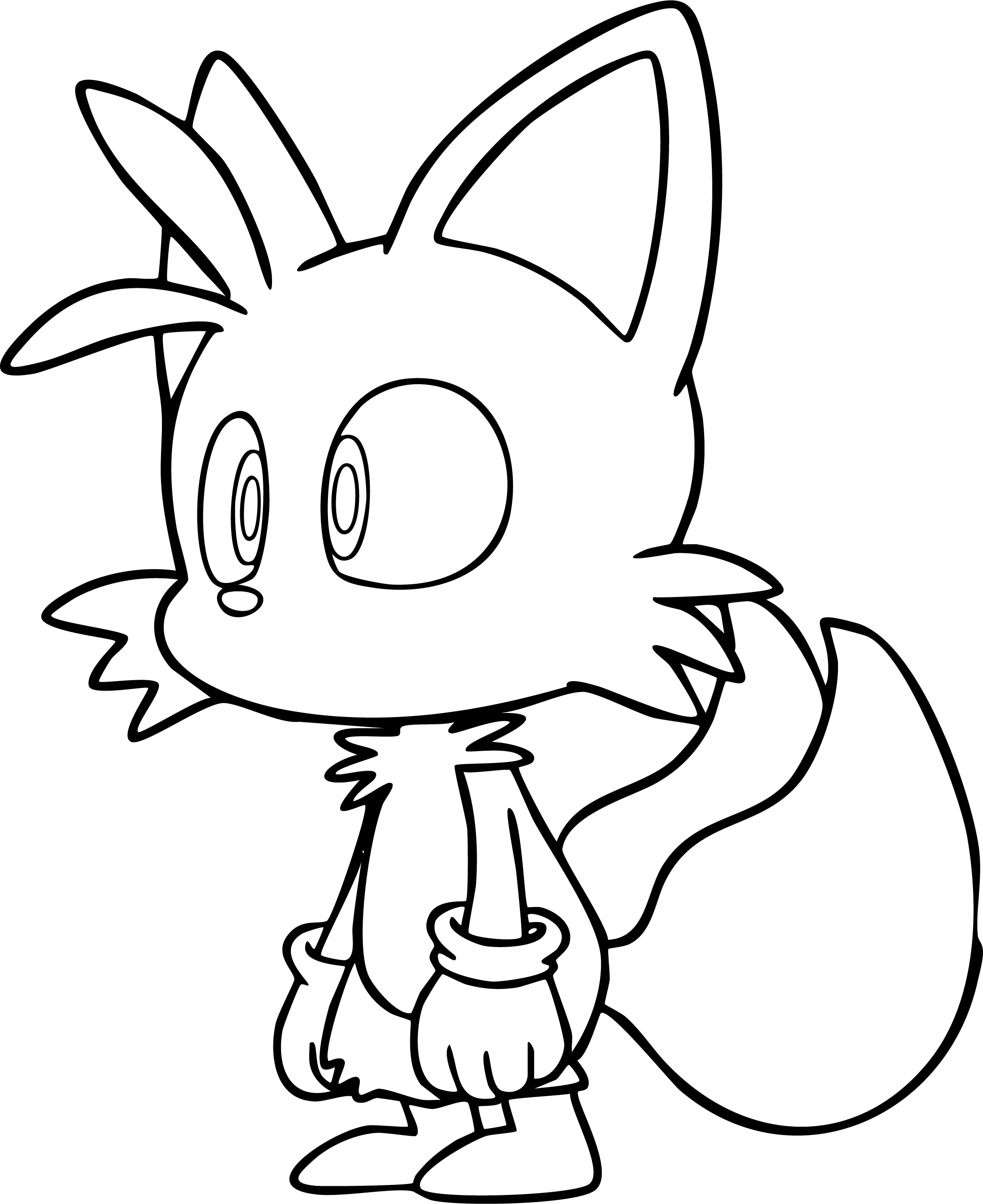Tails from Sonic coloring page. Standing pose, classic two-tailed fox character with gloves and shoes.