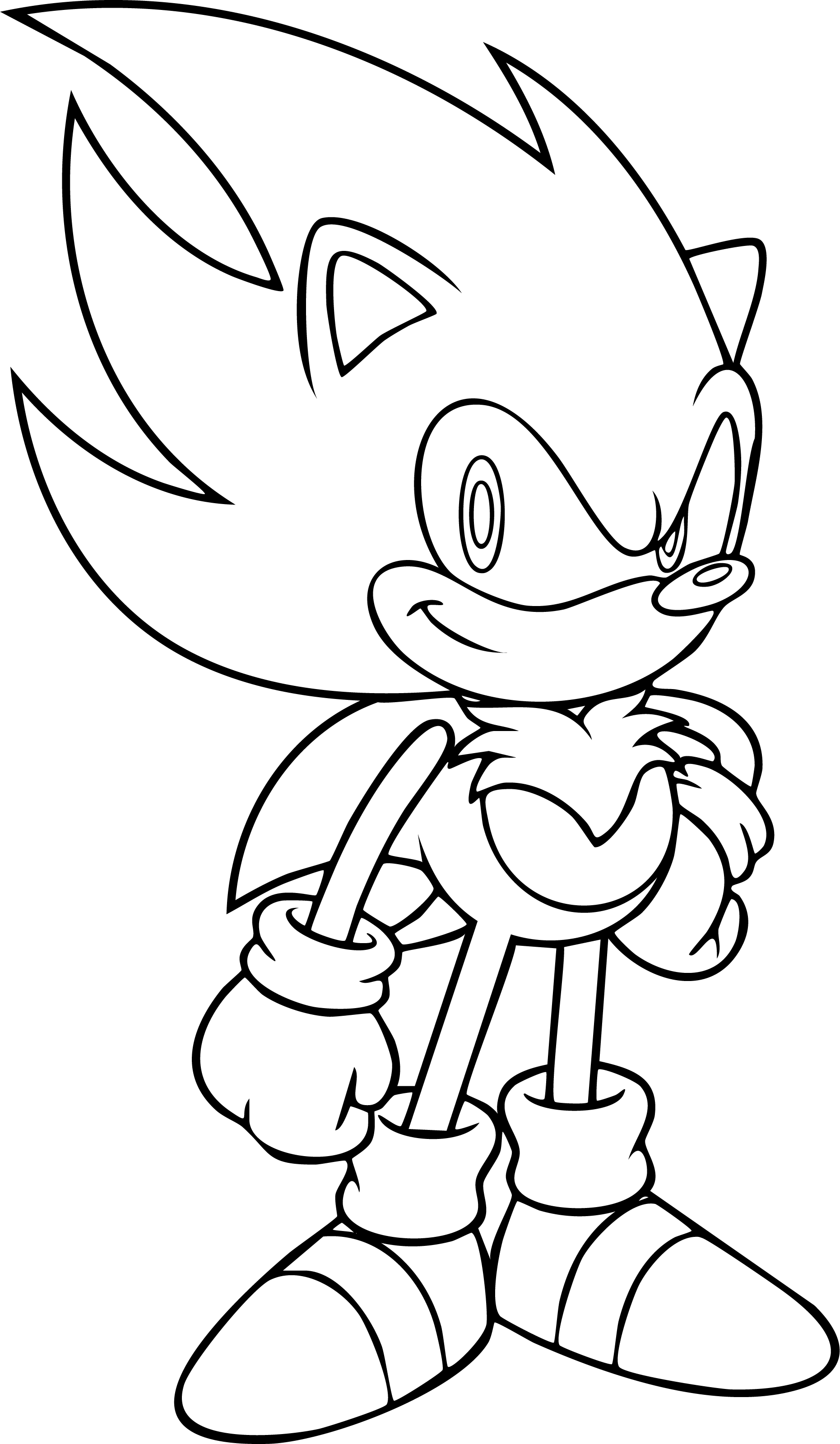 Sonic from Sonic coloring page. Classic Sonic stands in a confident pose, arms at his sides, with a smirk on his face.