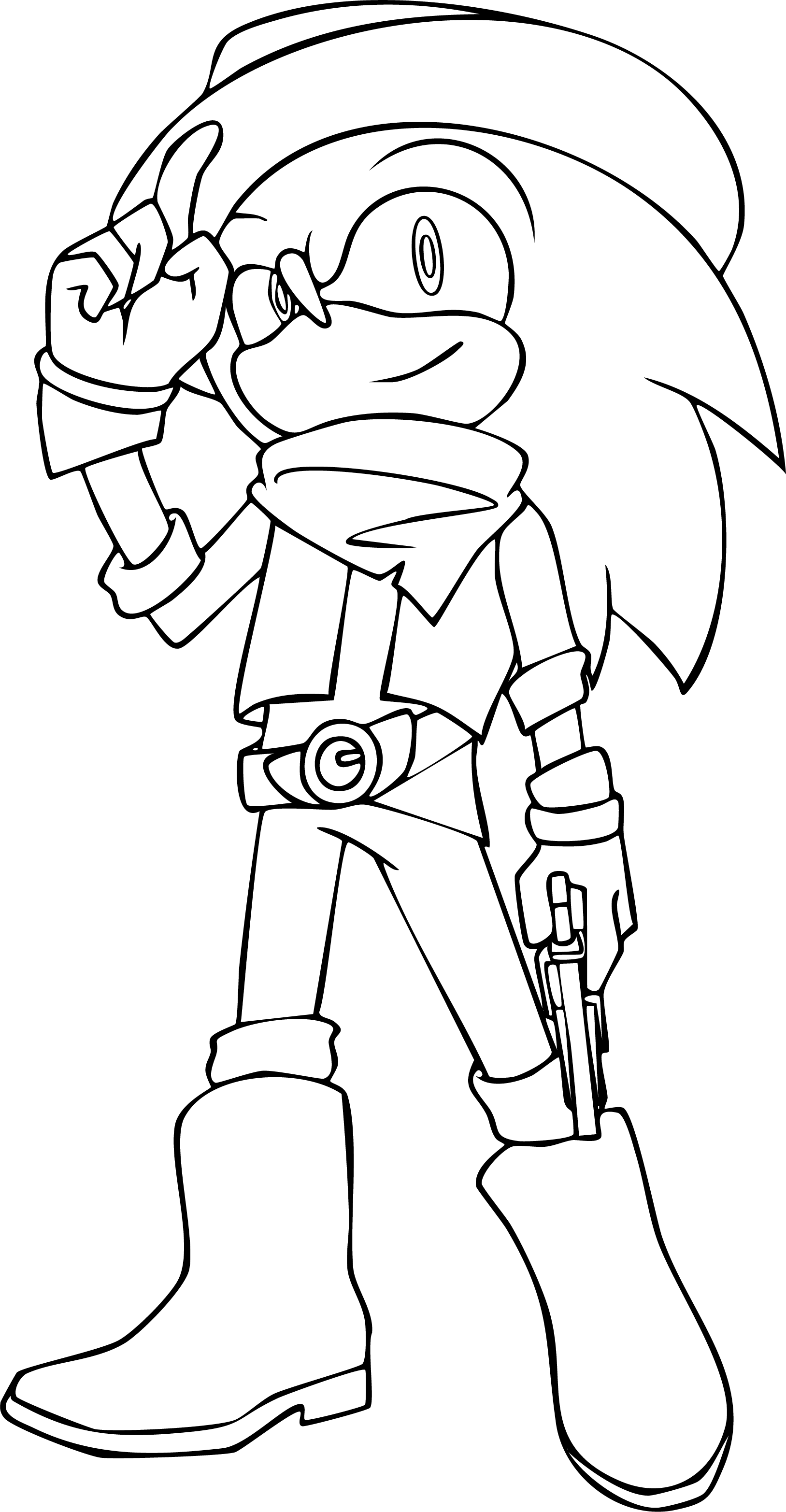 Sonic from Sonic coloring page. Dressed as a cowboy, pointing a finger and holding a gun in his holster. Detailed line art.