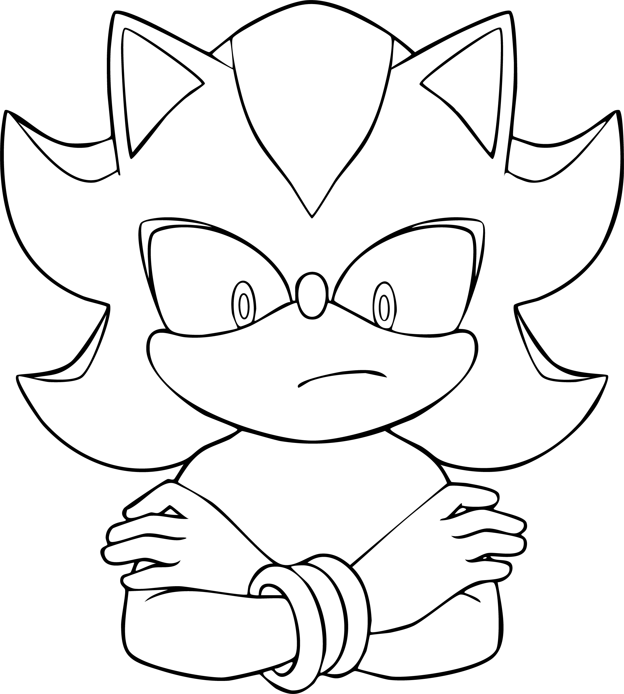 Shadow from Sonic coloring page. Serious bust-up pose with crossed arms and gold rings, black line art.