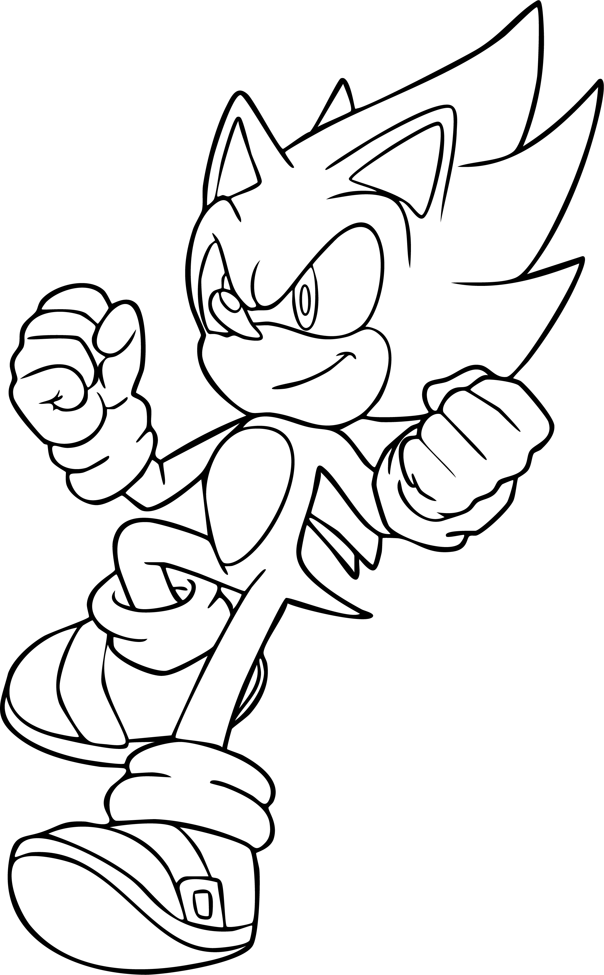 Sonic from Sonic coloring page. Super Sonic floats in mid-air, clenching both fists, surrounded by intense energy.