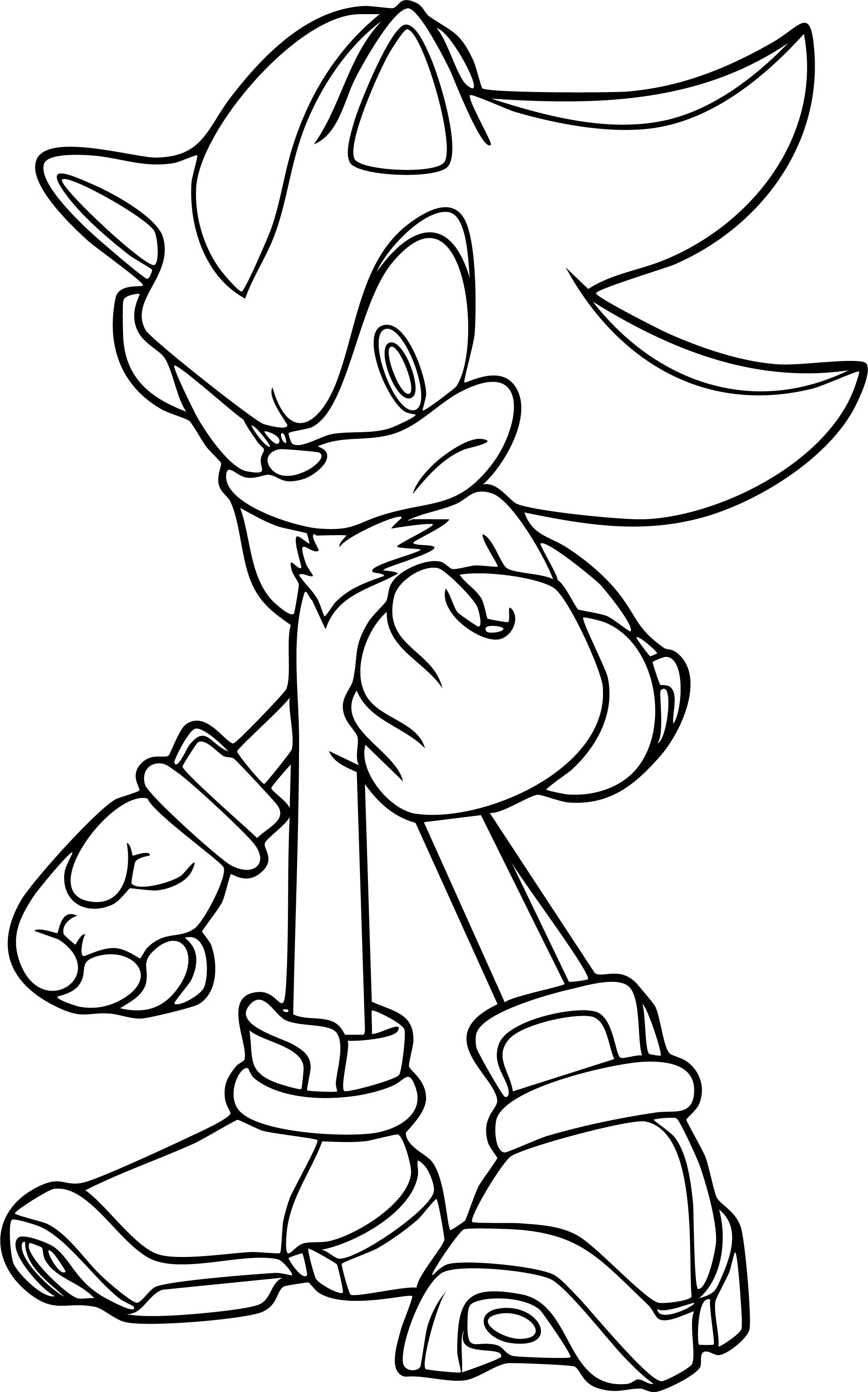 Shadow from Sonic coloring page. Angry expression, clenched fist, standing character wearing air shoes and gloves.