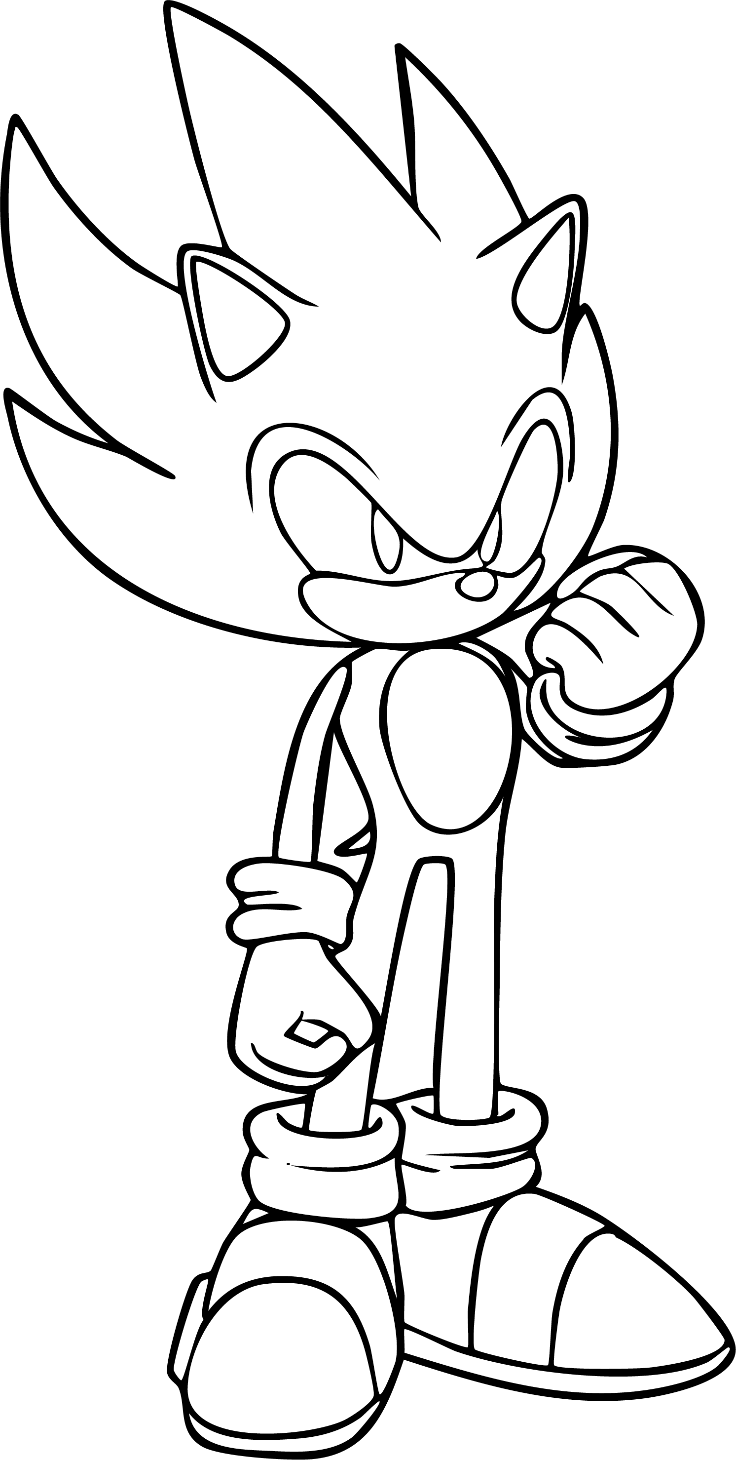 Super Sonic from Sonic coloring page. Super Sonic stands with a determined expression and clenches one fist. Full body shot.