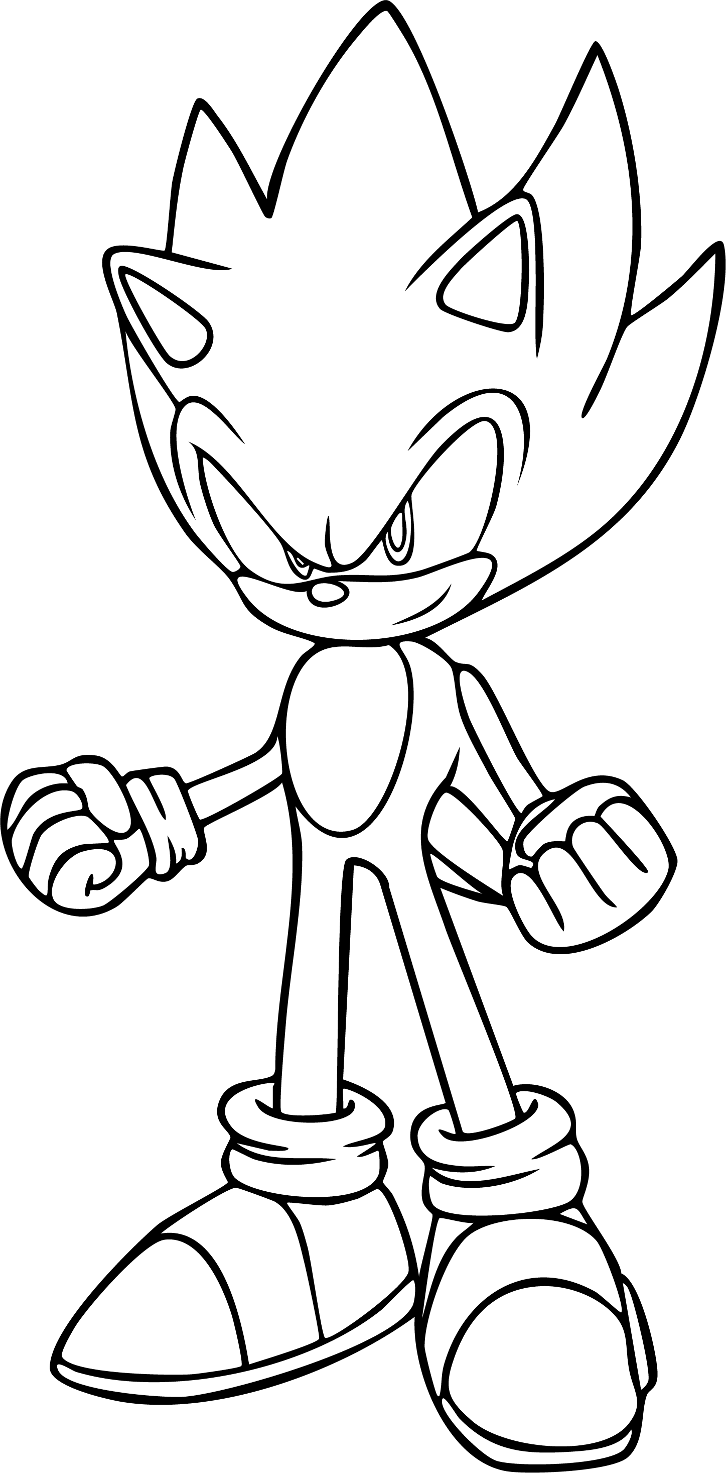 Sonic the Hedgehog from Sonic coloring page. Super Sonic state, with upward spiky quills and clenched fists.