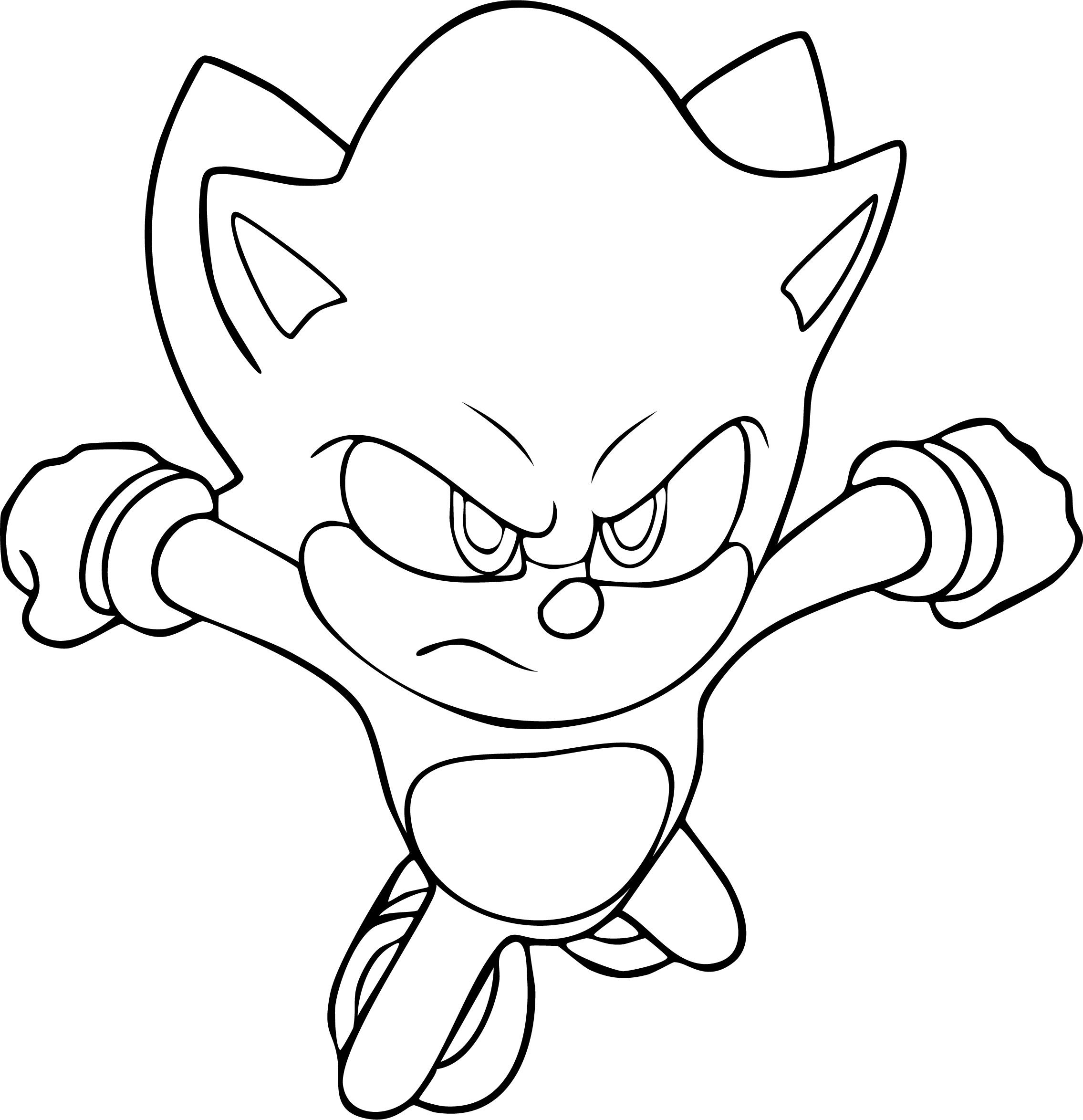 Sonic from Sonic coloring page. Angry expression, mid-flight with fists out and speed lines.