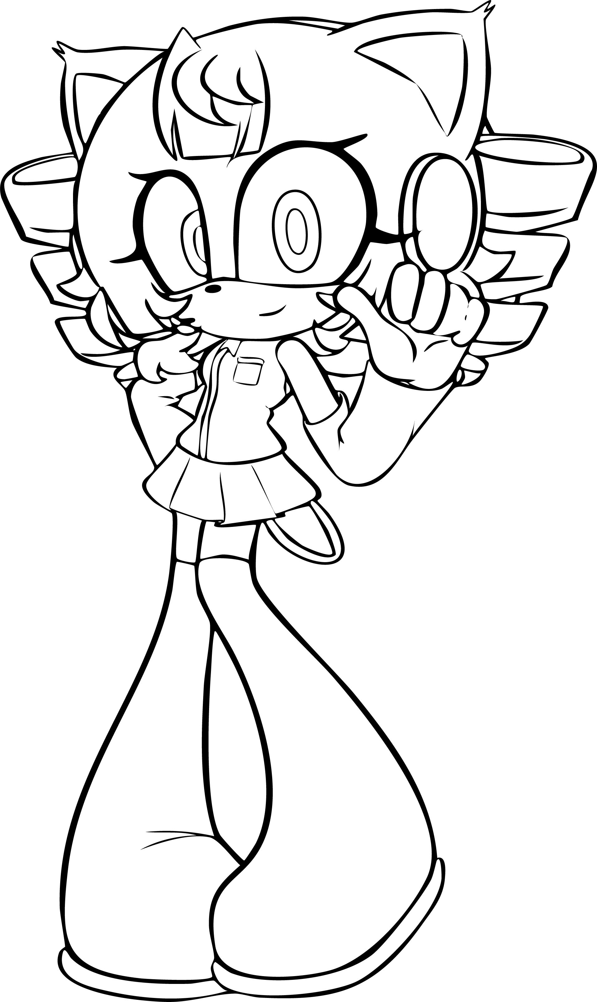 Amy from Sonic coloring page. Standing with a smiling face and pointing finger. Wearing headphones, pleated skirt, and huge boots.
