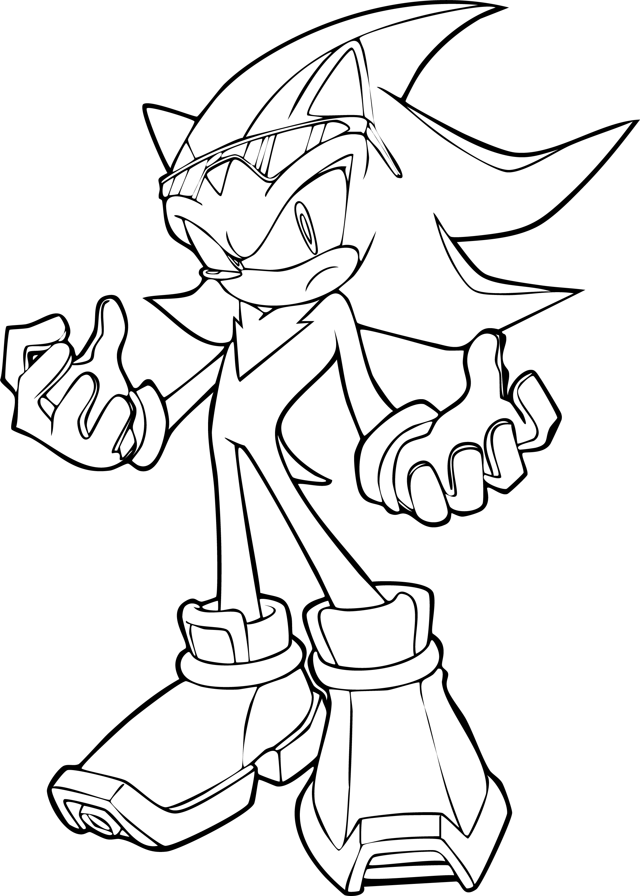 Shadow the Hedgehog from Sonic coloring page. Serious pose, standing with sunglasses and open hands.