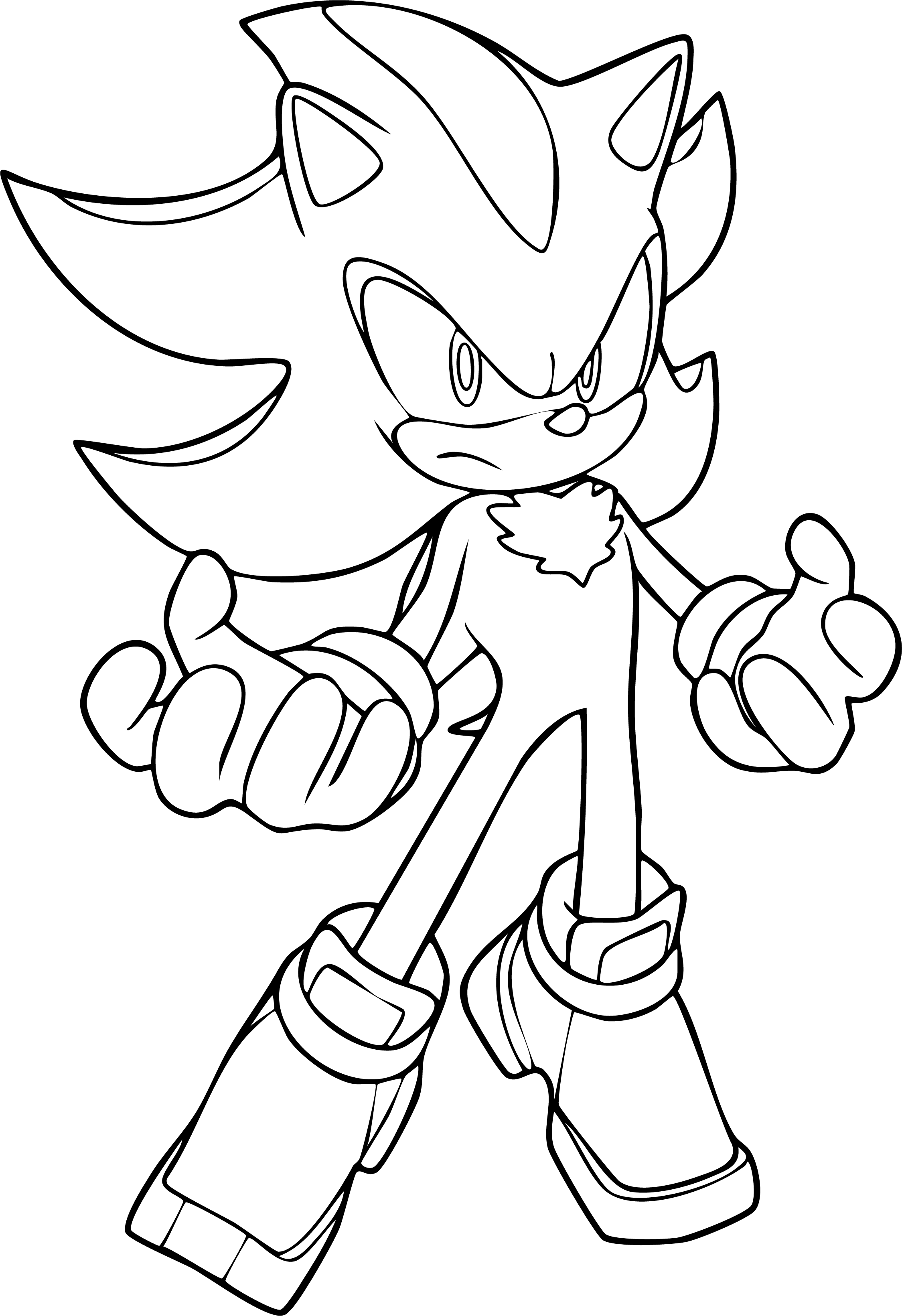 Shadow from Sonic coloring page. Shadow the Hedgehog stands with both hands open and a stern gaze. Full body line art.