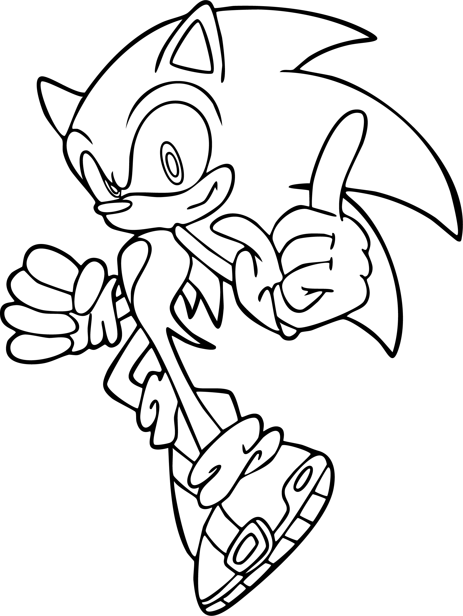 Sonic the Hedgehog from Sonic coloring page. Dynamic leaping pose, modern shoes, and a smiling, upward thumbs up gesture.