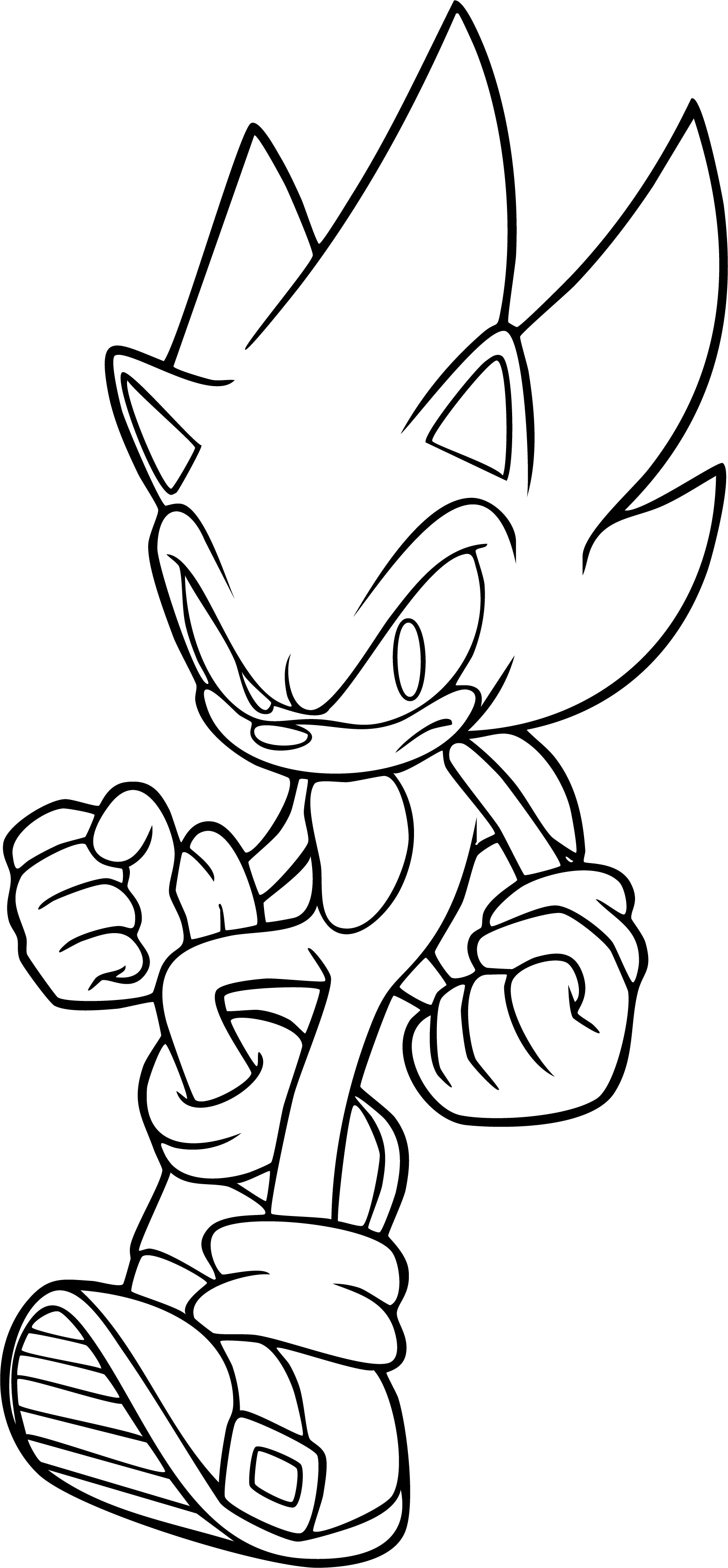 Sonic from Sonic coloring page. Super Sonic clenches his fists tightly, radiating power with a determined expression.