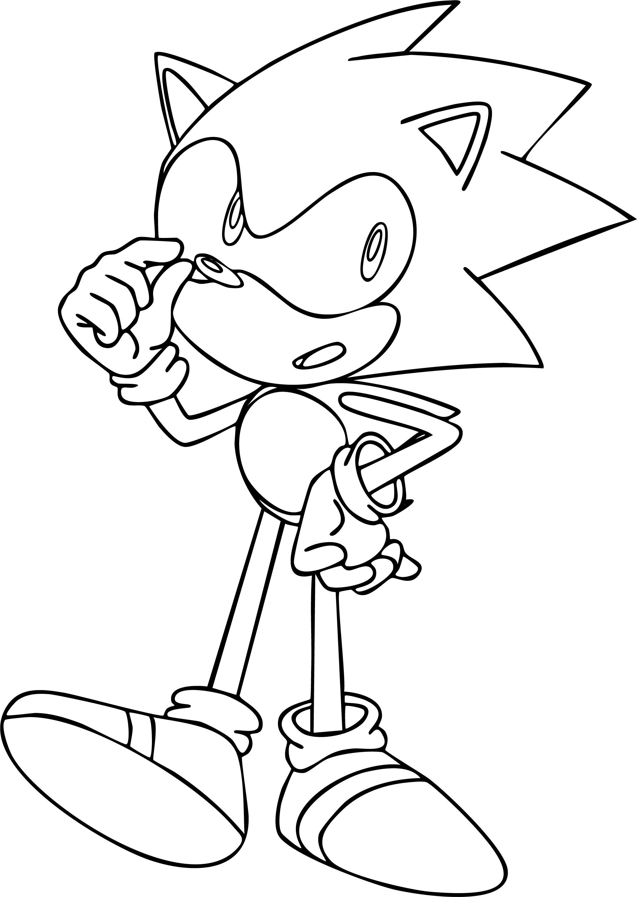 Sonic from Sonic coloring page. Classic Sonic holds and looks closely at a small golden ring. Simple black outline.