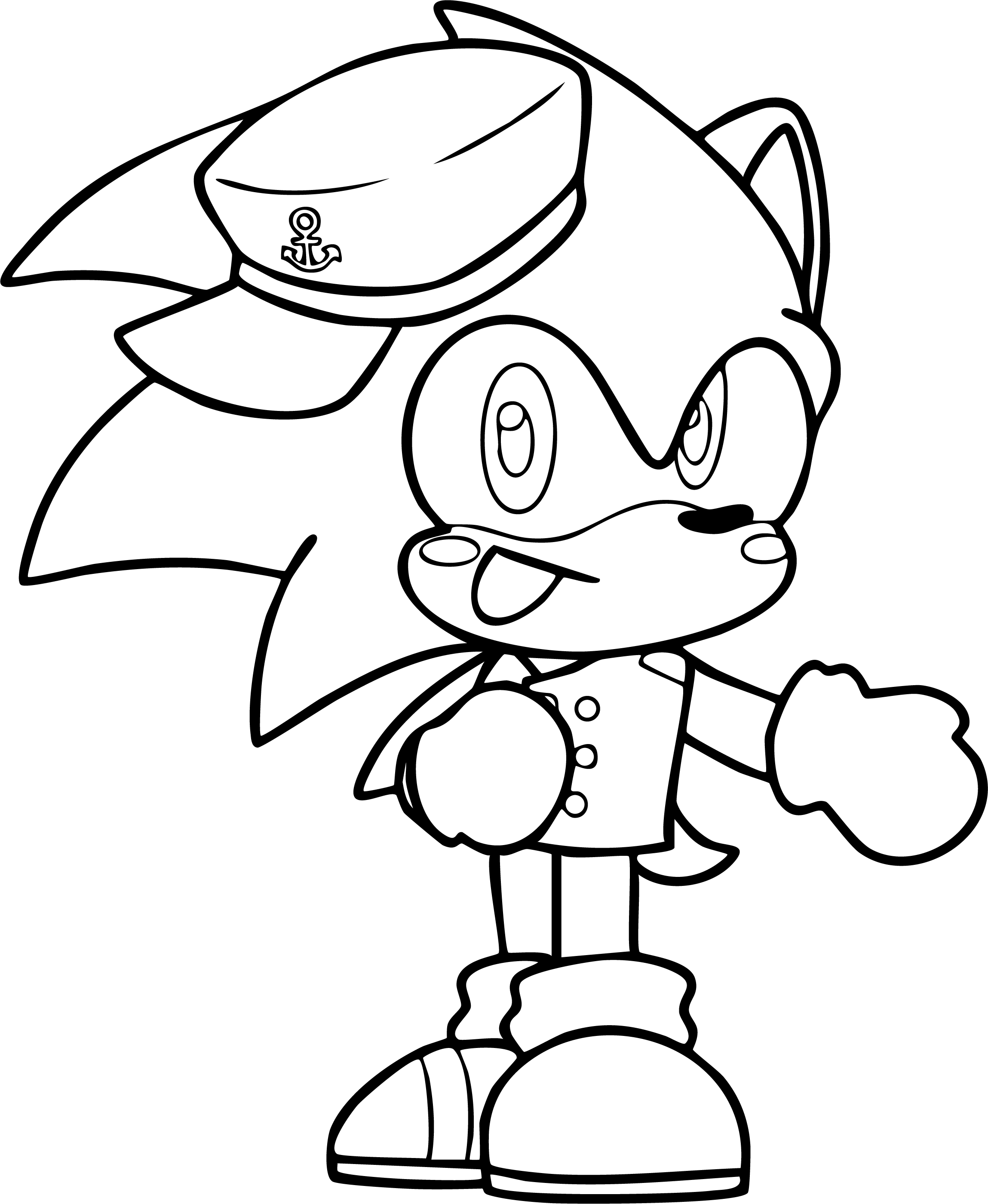 Sonic from Sonic coloring page. Chibi sailor style, navy hat with anchor, tongue out, winking, line art.