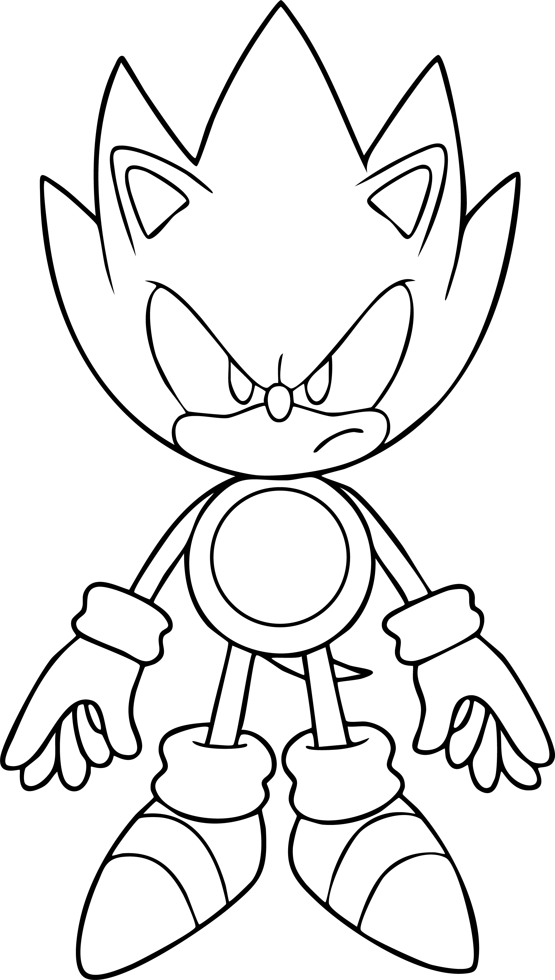 Super Sonic from Sonic coloring page. Standing full-body with a deeply serious and angry look.
