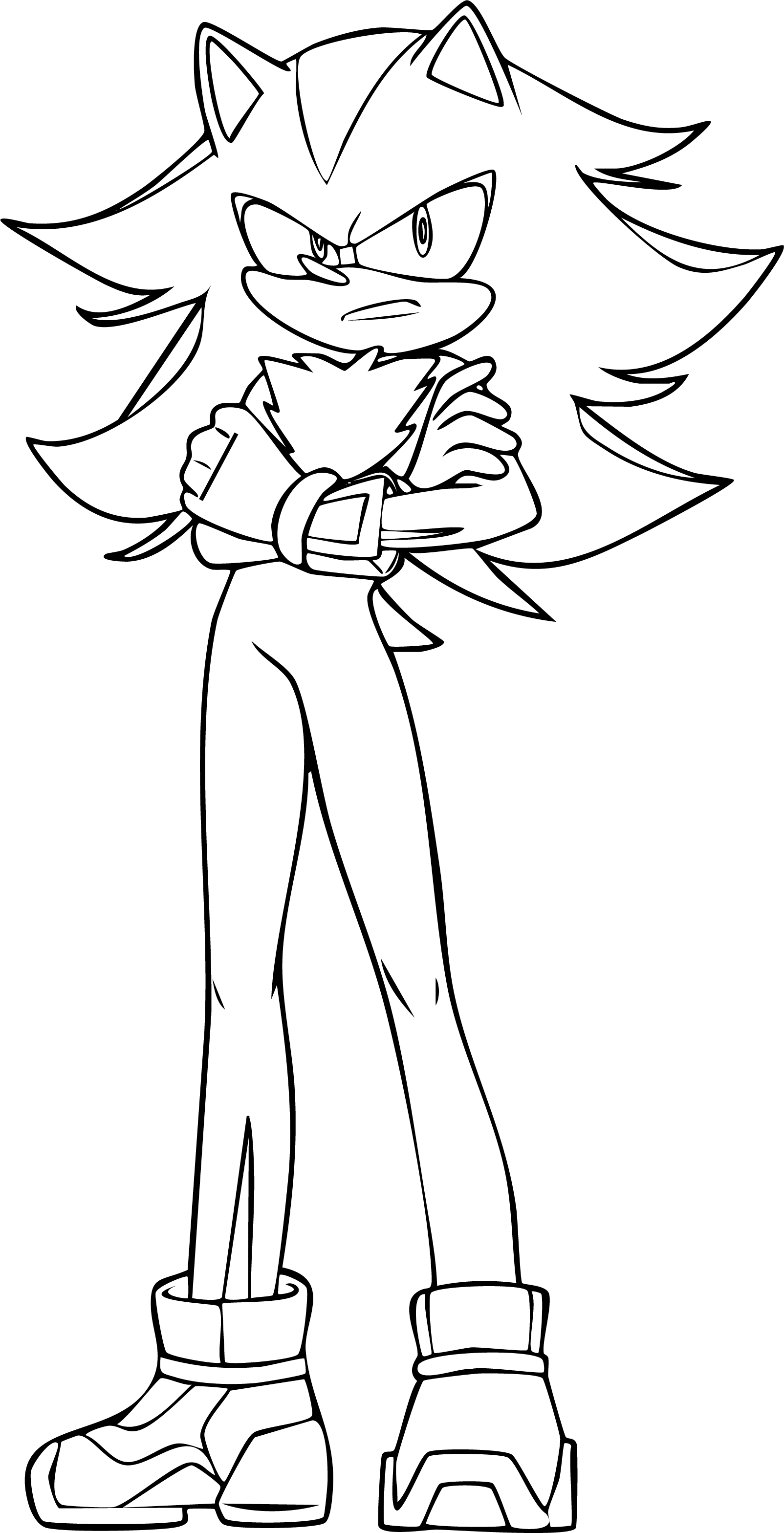 Sonic from Sonic coloring page. Shadow the Hedgehog stands tall with arms crossed, a serious expression on his face.