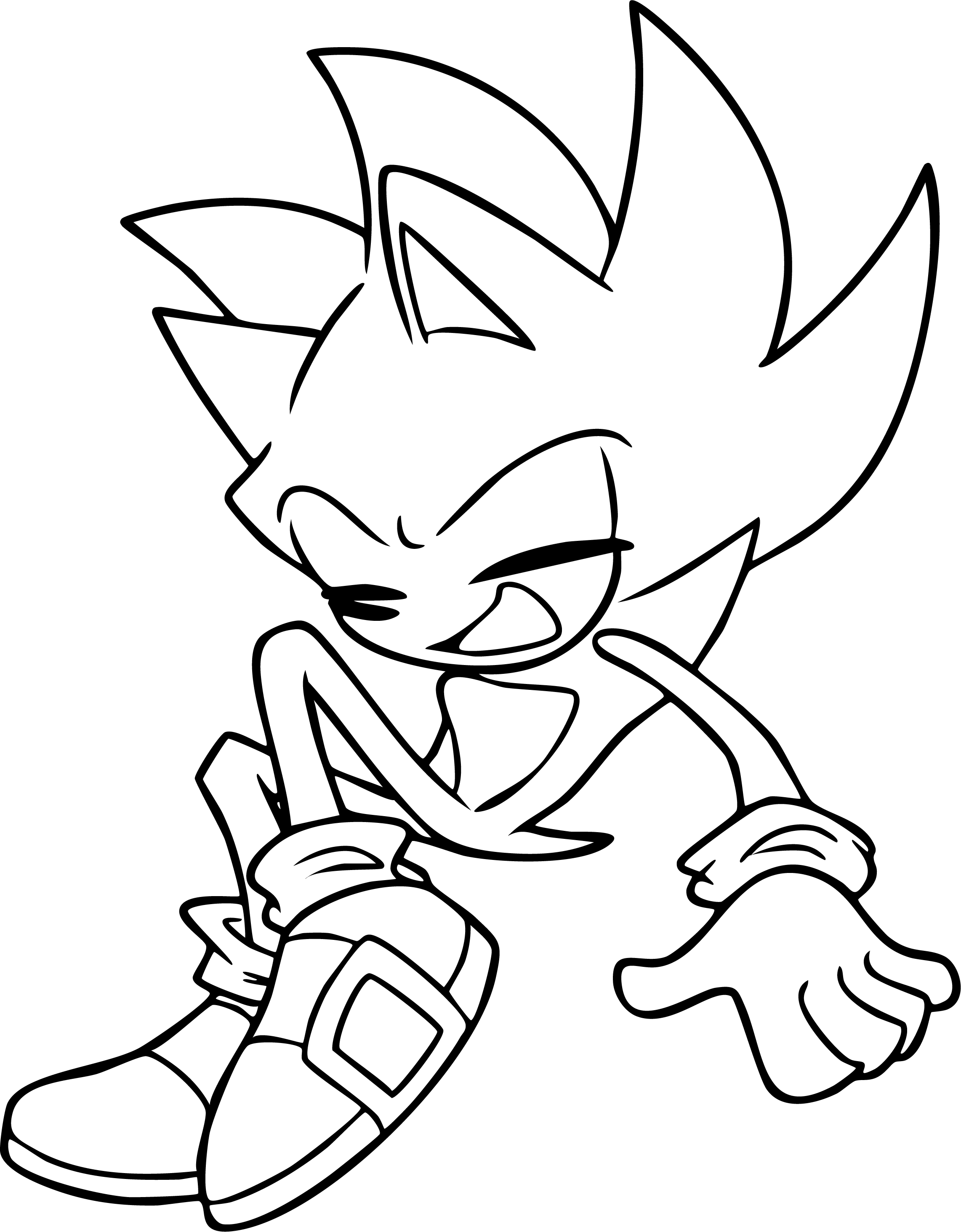 Sonic from Sonic coloring page. Sitting on ground with eyes closed, pouting and frowning angrily, wearing gloves and buckled shoes.