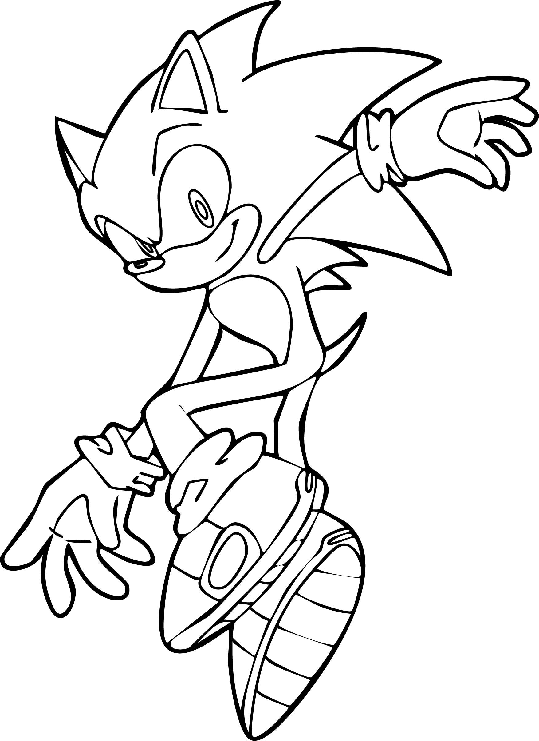 Sonic from Sonic coloring page. Dynamic dashing pose, arms and legs extended mid-sprint, smiling character.