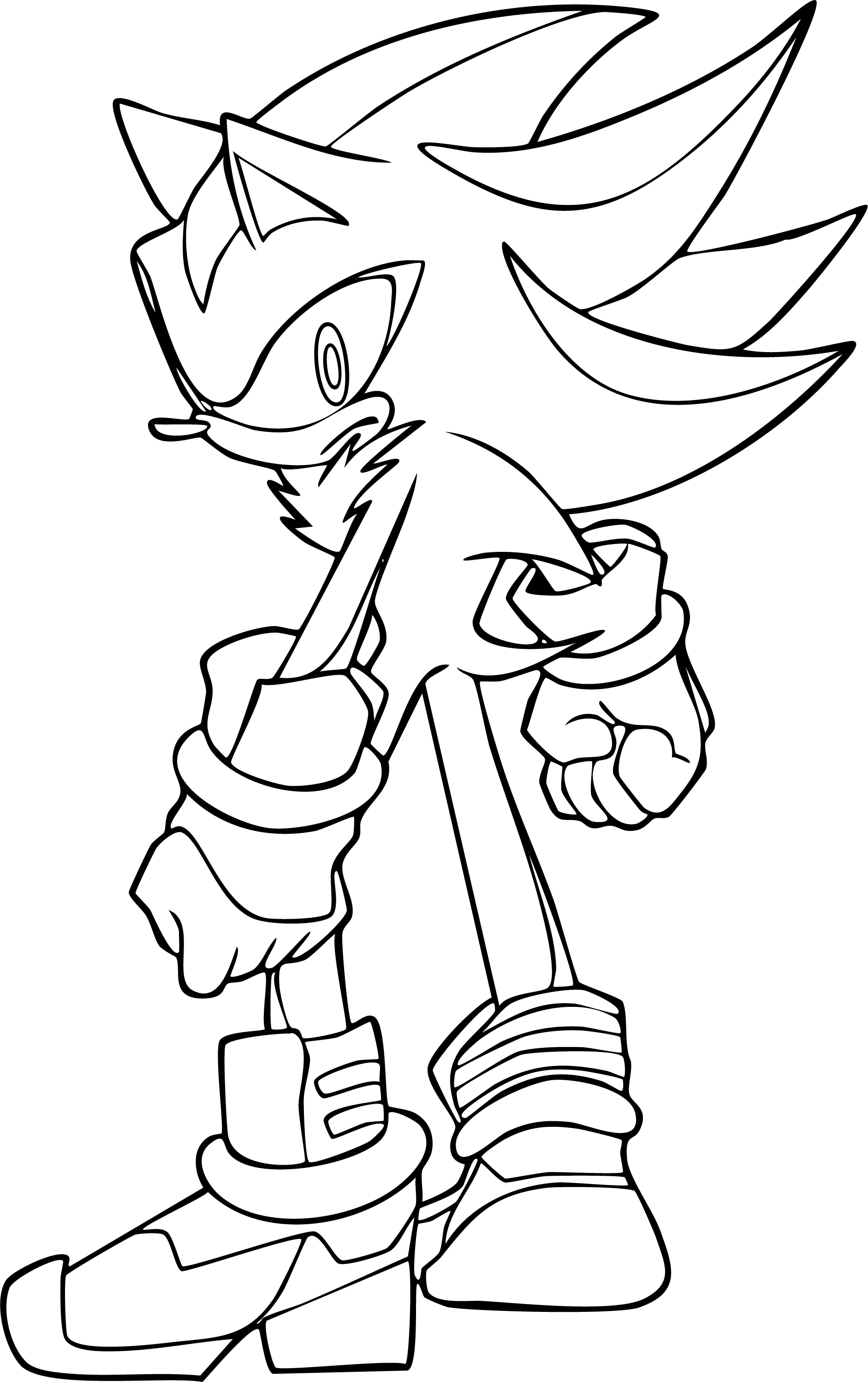 Shadow from Sonic coloring page. Standing with a serious expression, wearing limiter rings and rocket shoes.