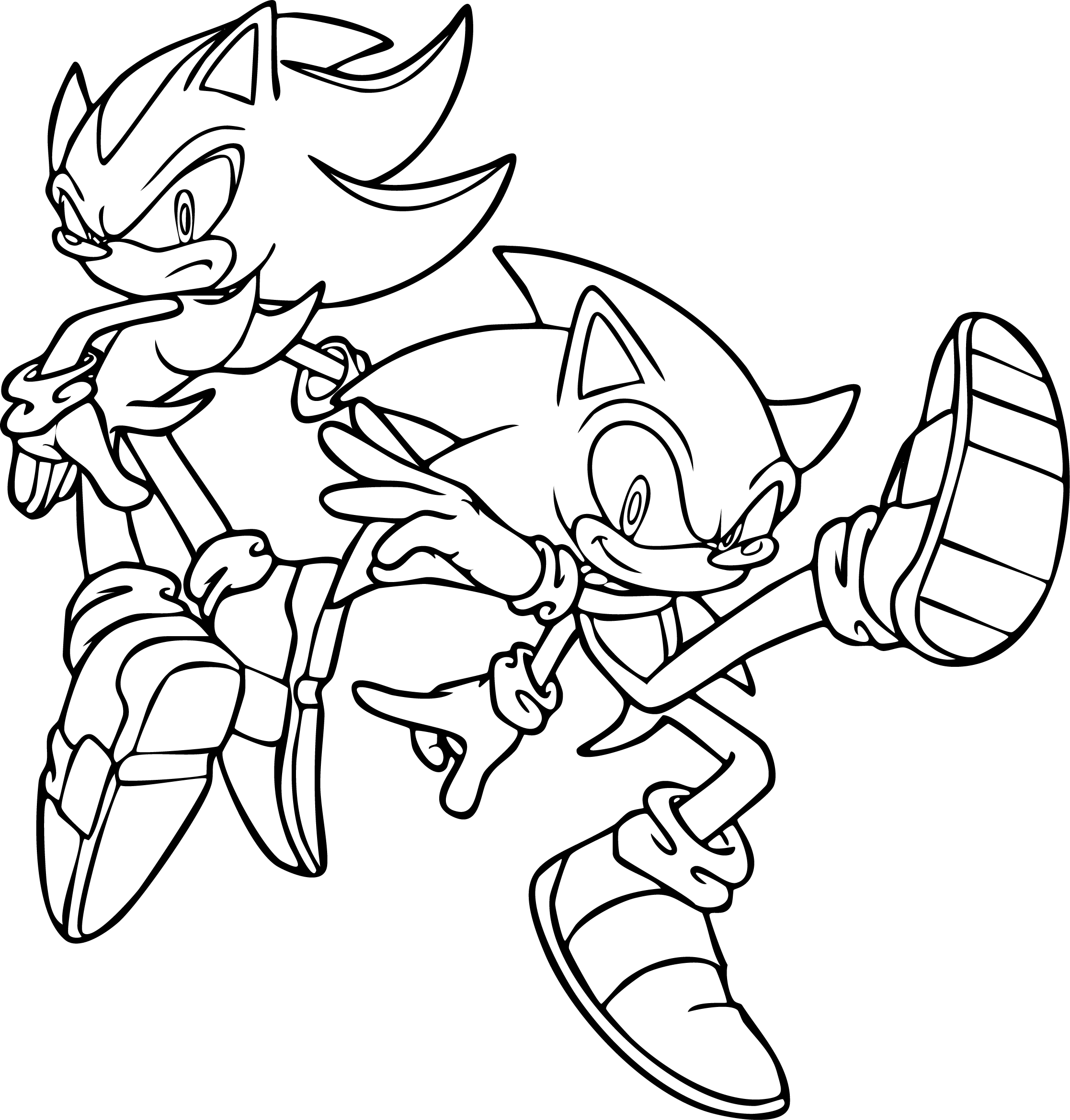 Sonic from Sonic coloring page. Super Sonic and Super Shadow running dynamically side-by-side, both in full-body dynamic line art.