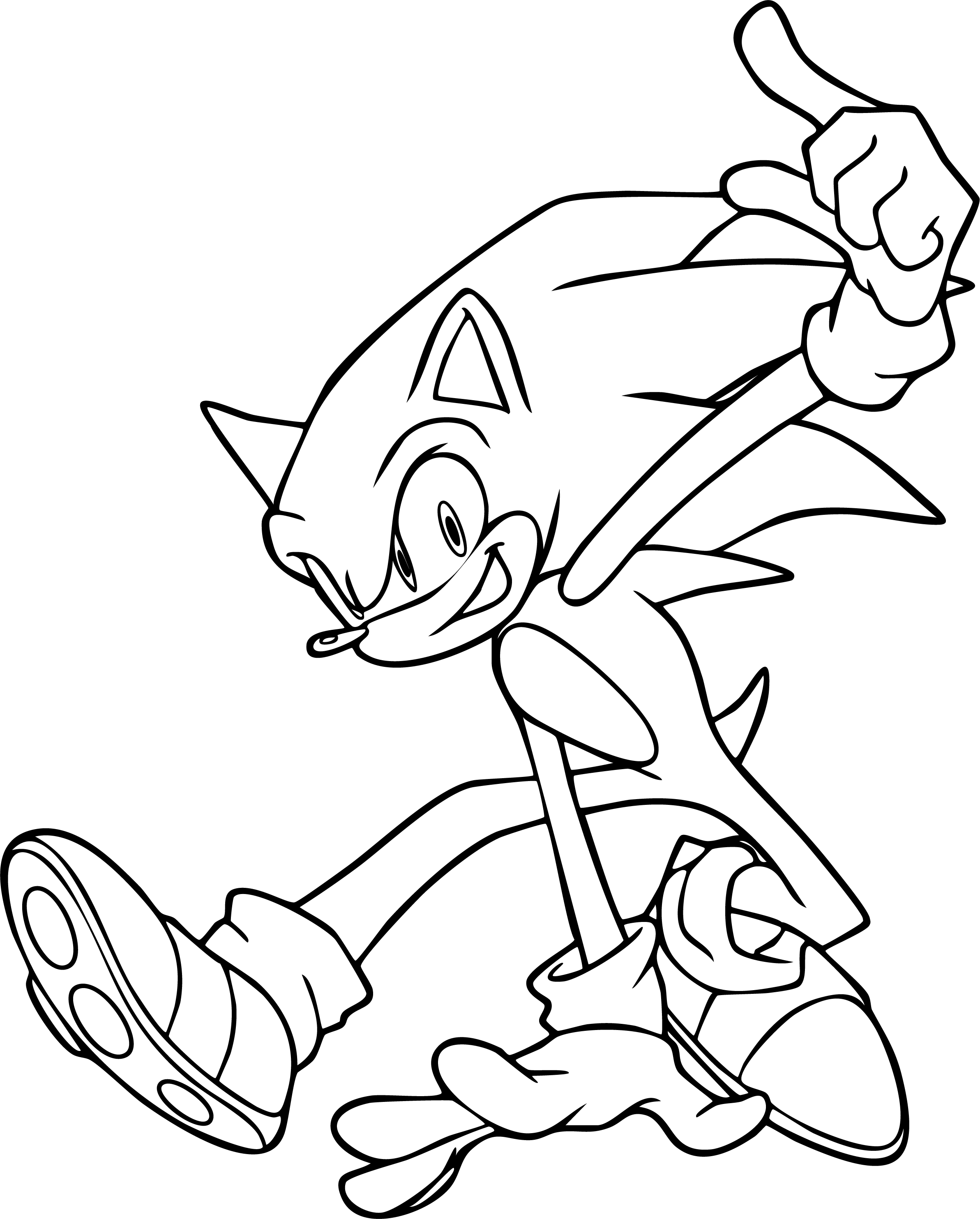 Sonic from Sonic coloring page. Full-body running dynamic pose with a smile, thumbs up, and line art details.