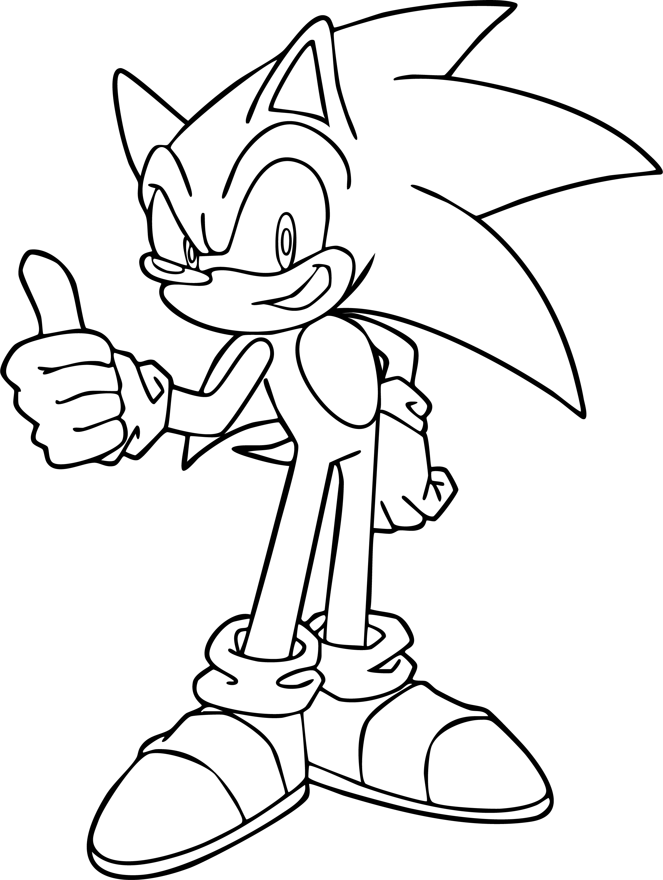 Sonic the Hedgehog from Sonic coloring page. Classic pose, smiling and giving a confident thumbs up.