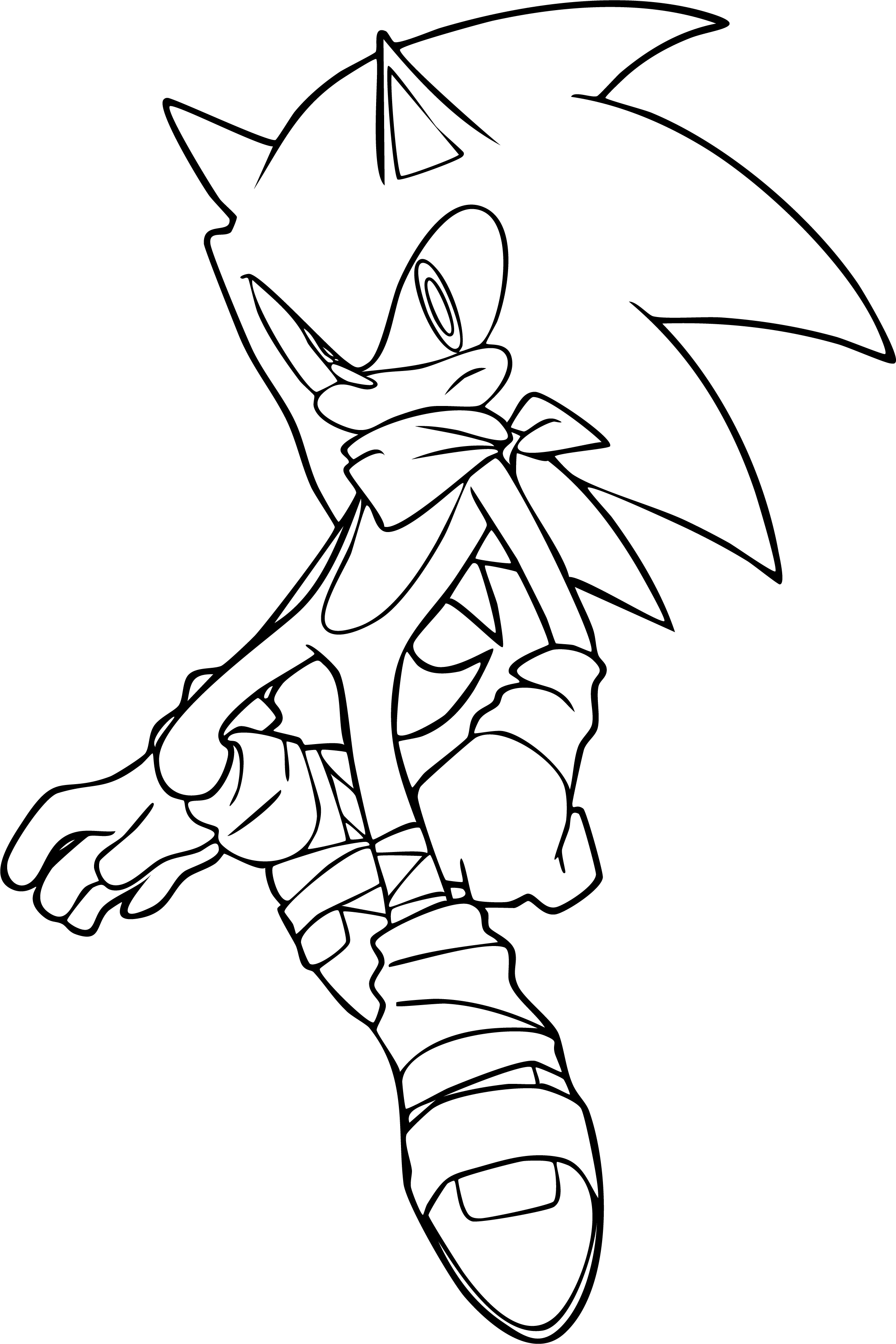 Sonic from Sonic coloring page. Full body, wearing a tied neckerchief and limb wraps. Ready stance with fists.